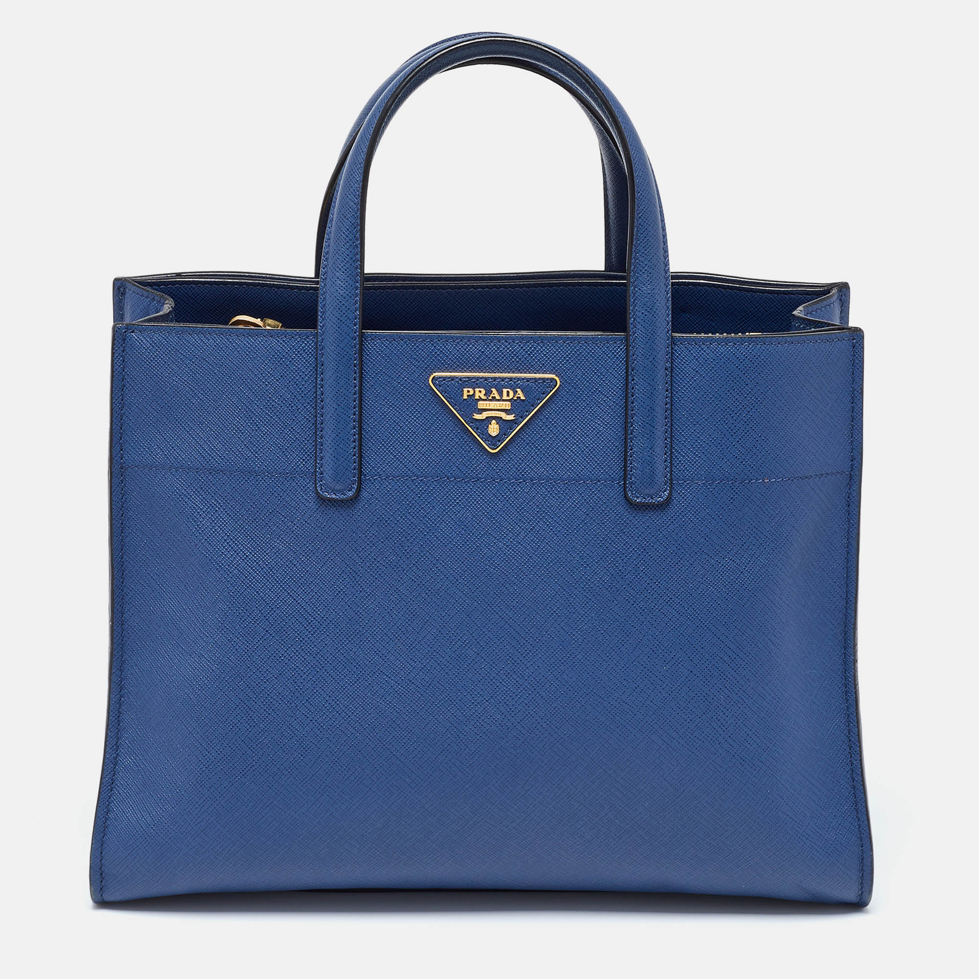 

Prada Blue Saffiano Cuir Leather Triple Pocket Tote