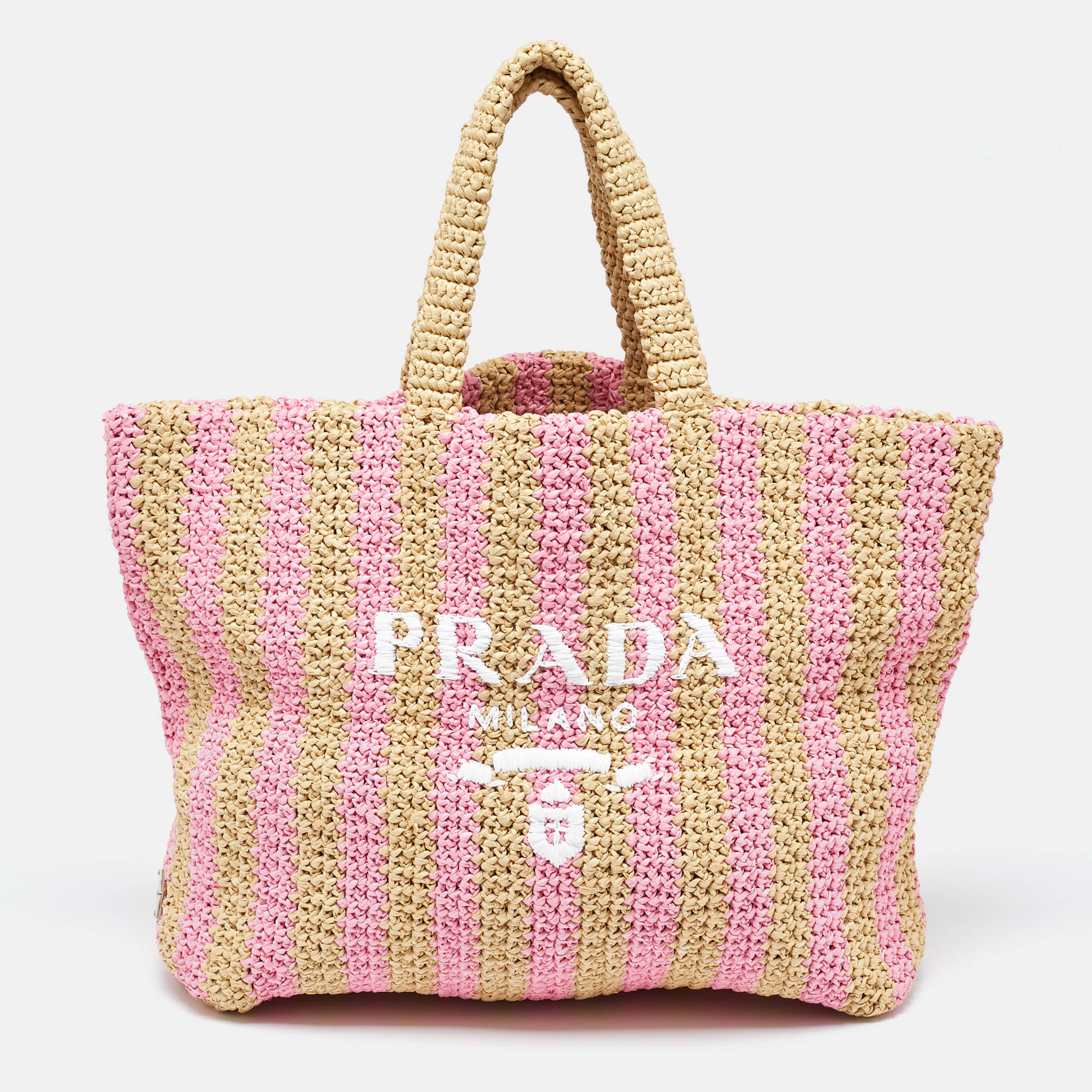 

Prada Pink/Beige Stripe Raffia Logo Tote