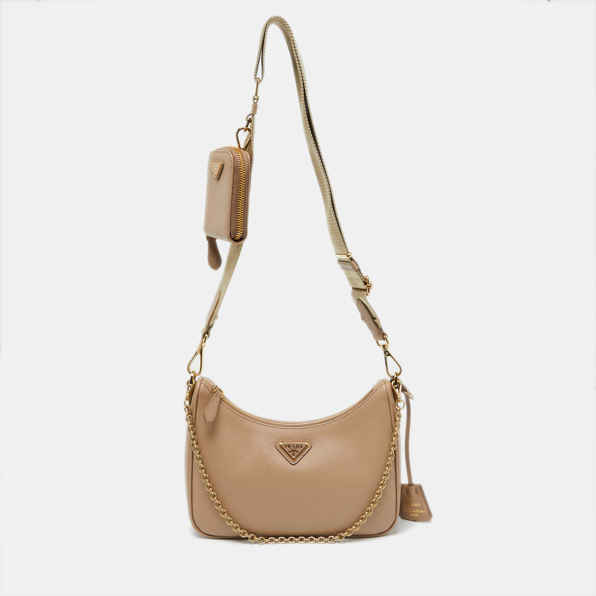 

Prada Beige Saffiano Lux Leather Re-Edition 2005 Baguette Bag