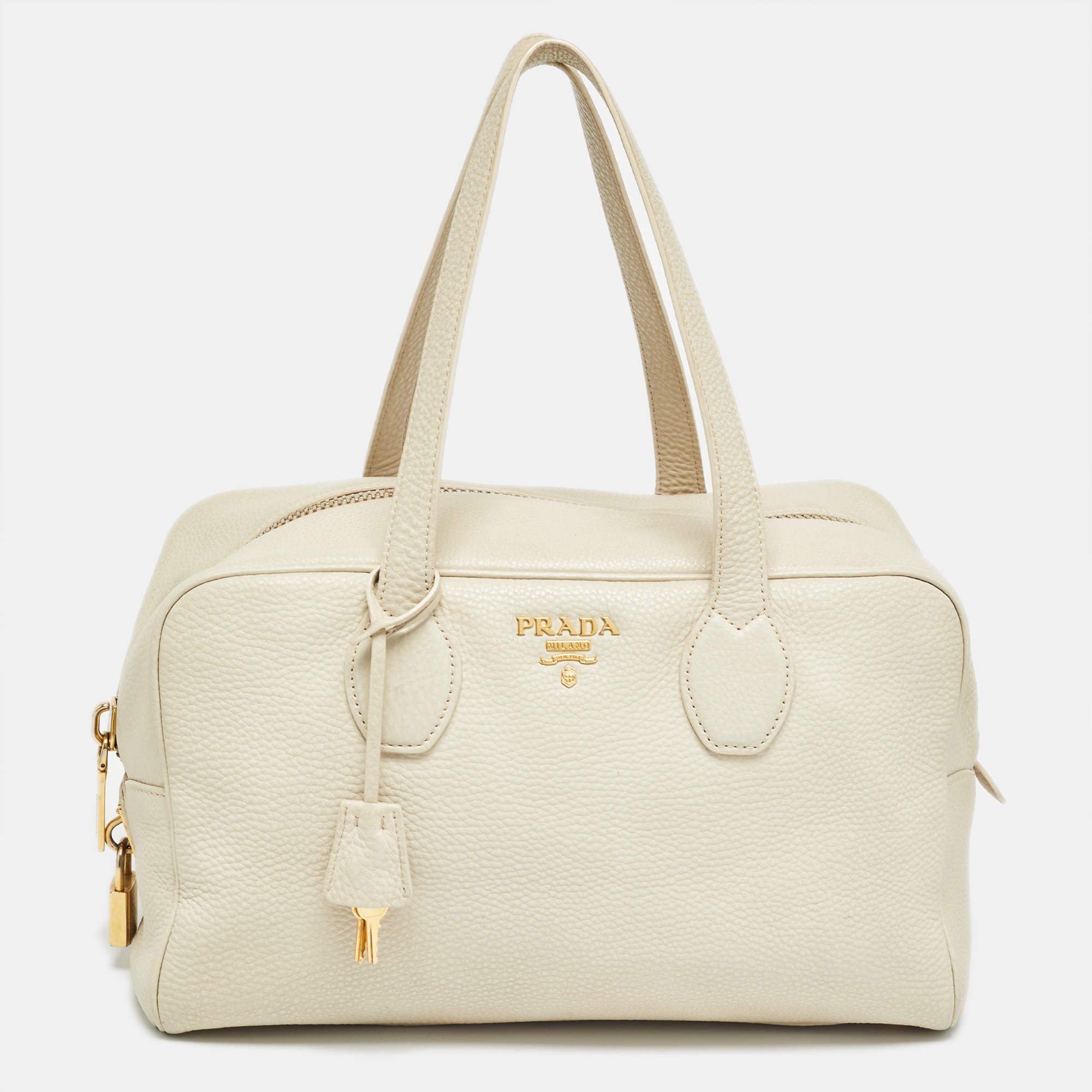 

Prada Off White Vitello Daino Leather Zip Bowler Bag