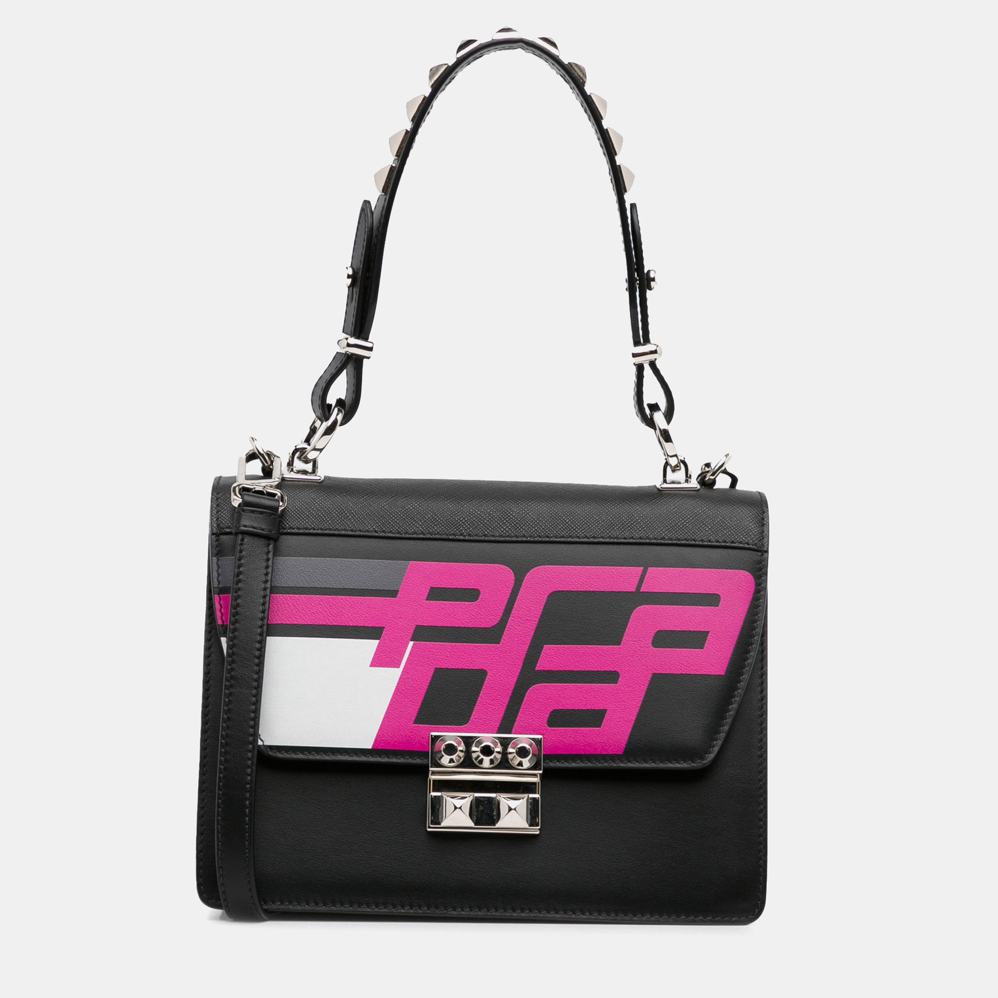 

Prada Saffiano Trimmed City Calf Racing Logo Elektra Satchel, Black