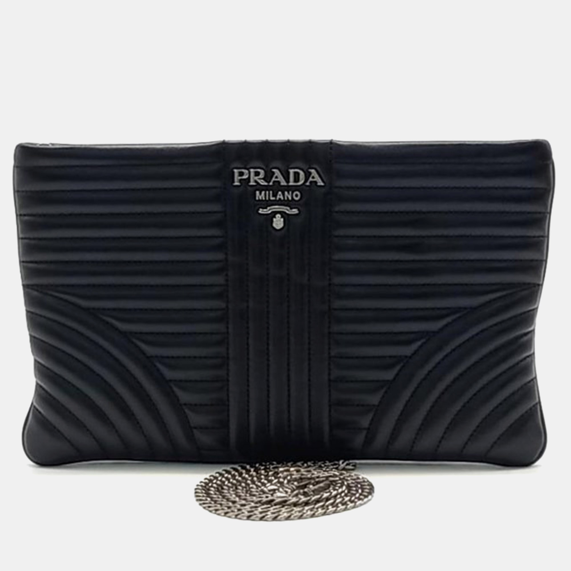 Pre-owned Prada Diagram Clutch And Chain Crossbody Bag In Black