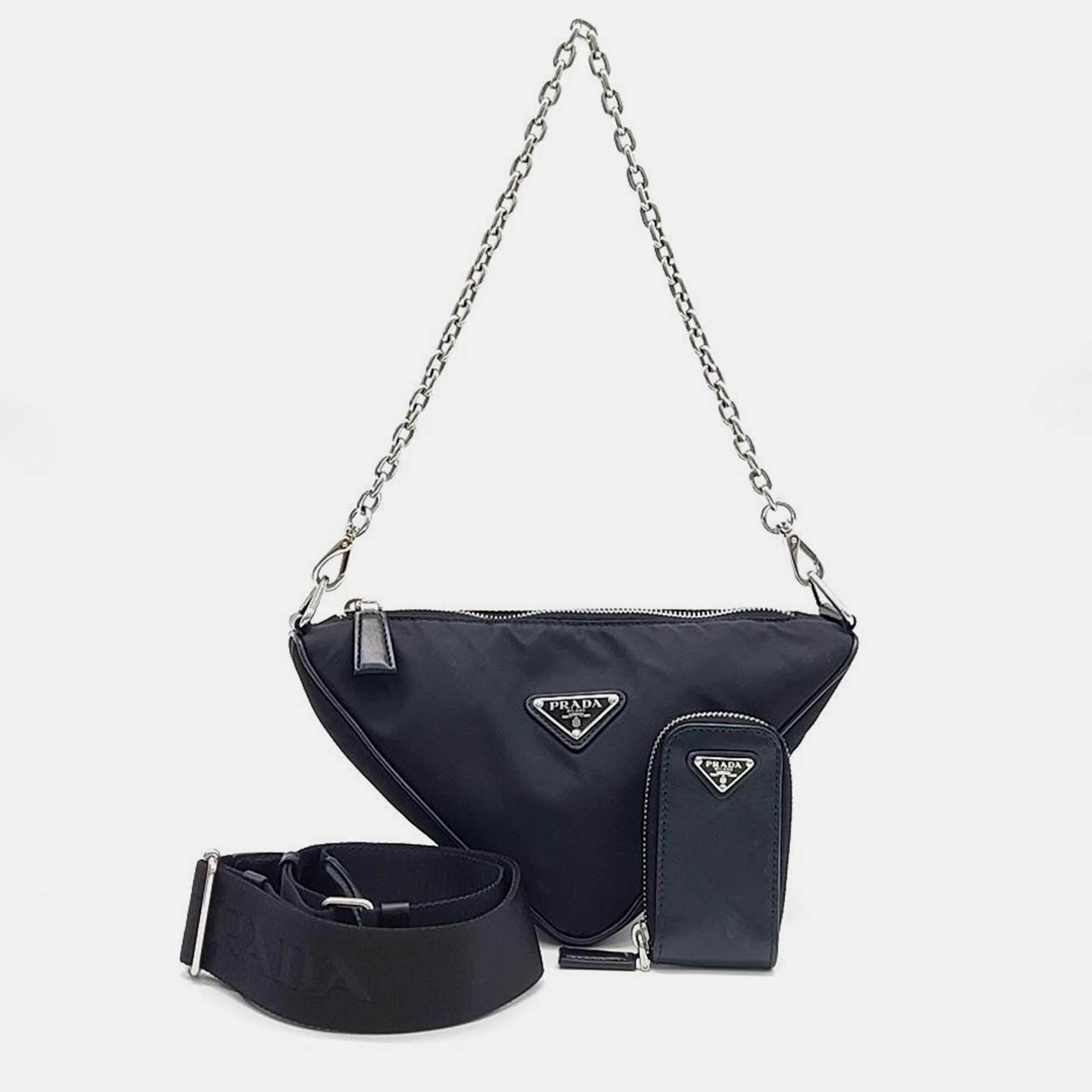 Pre-owned Prada Re-nylon Triangle Shoulder Bag In Black