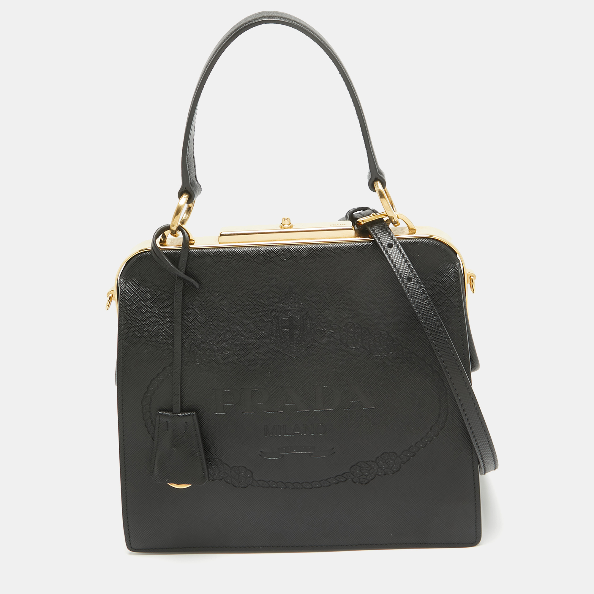 

Prada Black Logo Print Saffiano Leather Frame Top Handle Bag