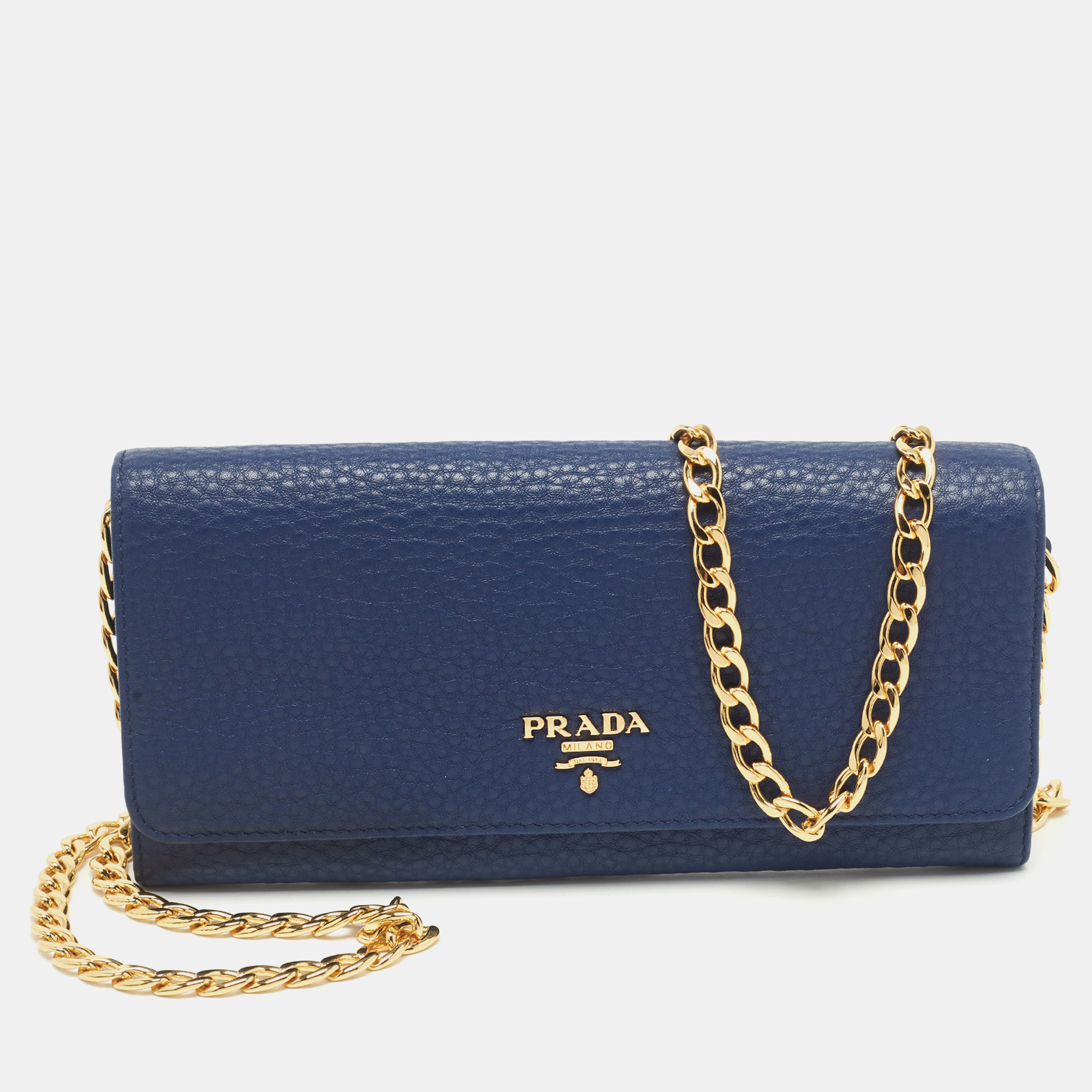 

Prada Navy Blue Vitello Grain Leather Logo Flap Wallet On Chain