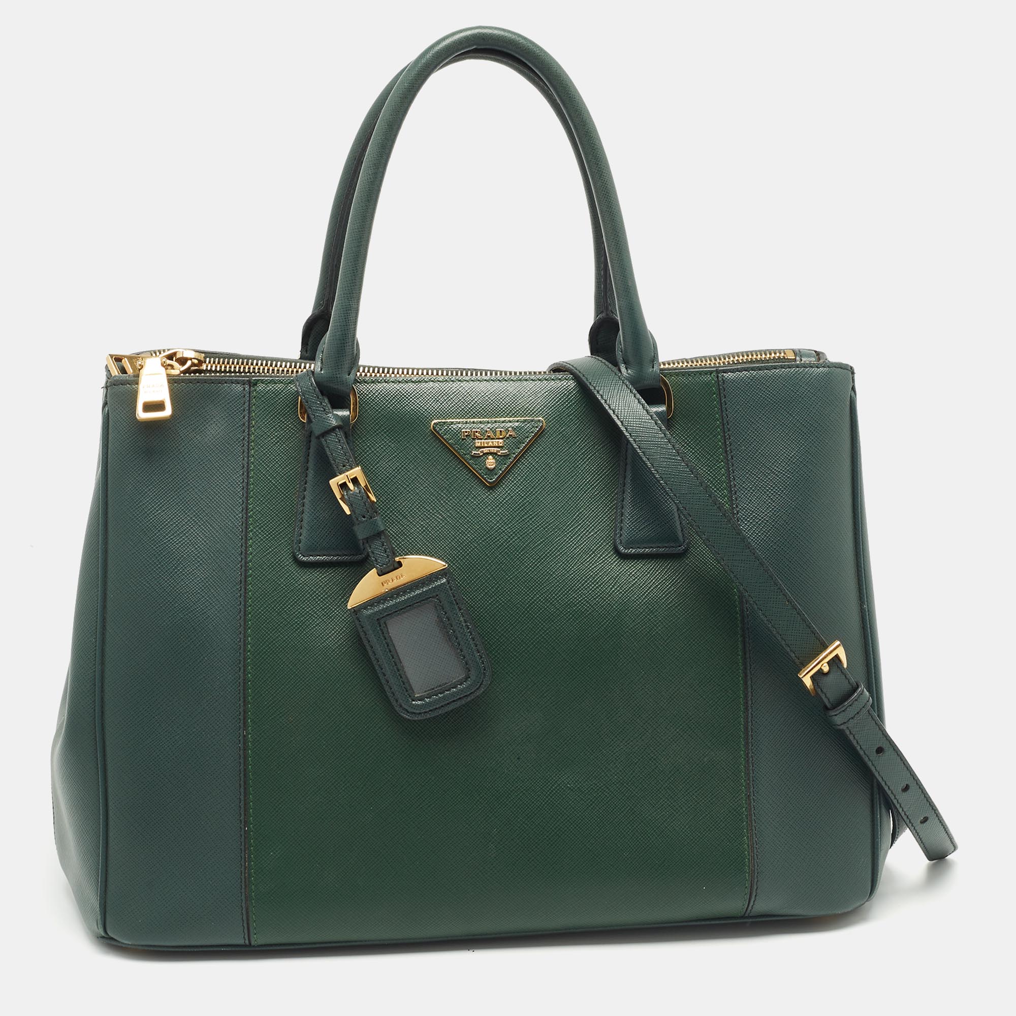 

Prada Two Tone Dark Green Saffiano Lux Leather  Double Zip Tote