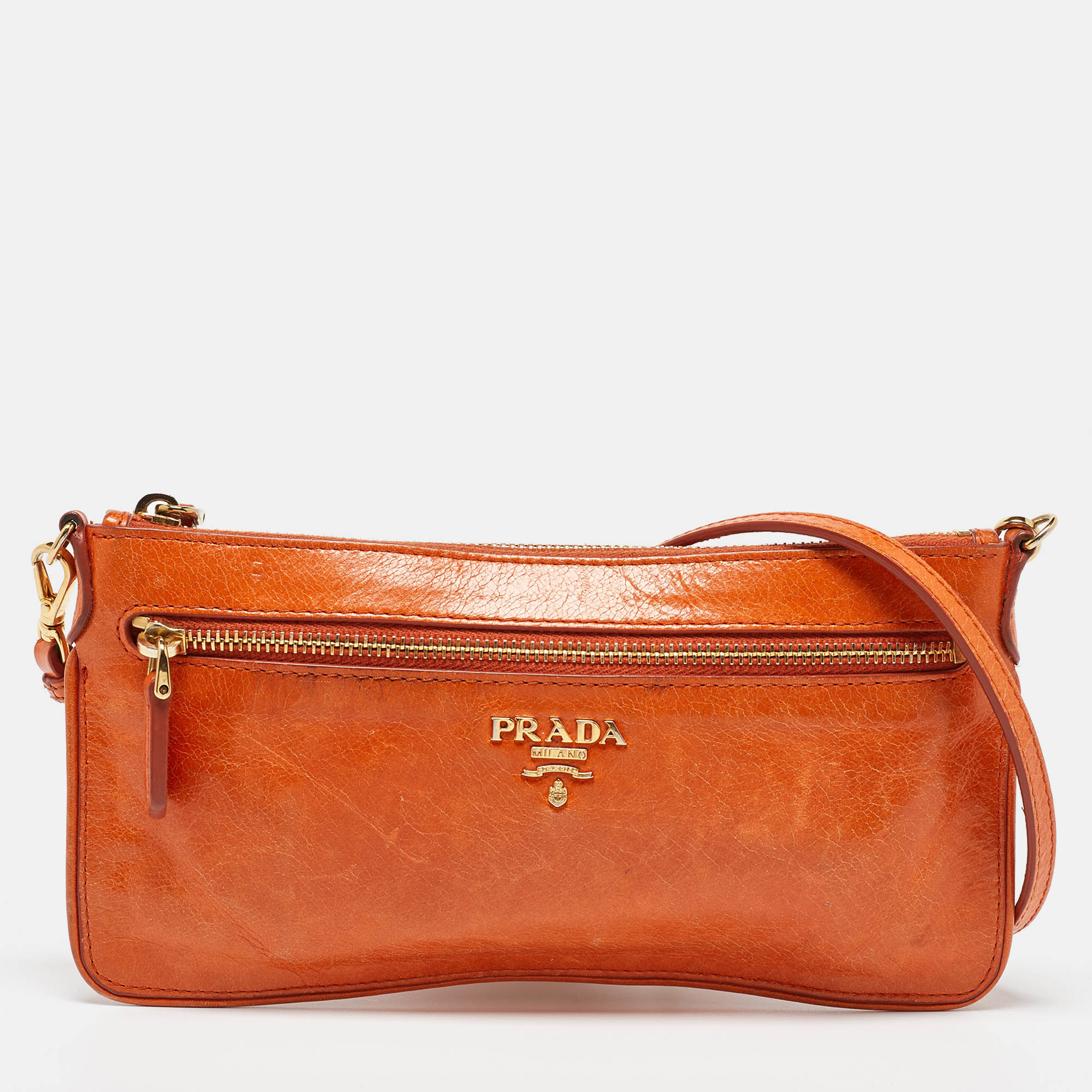 Pre-owned Prada Orange Leather Zip Crossbody Bag