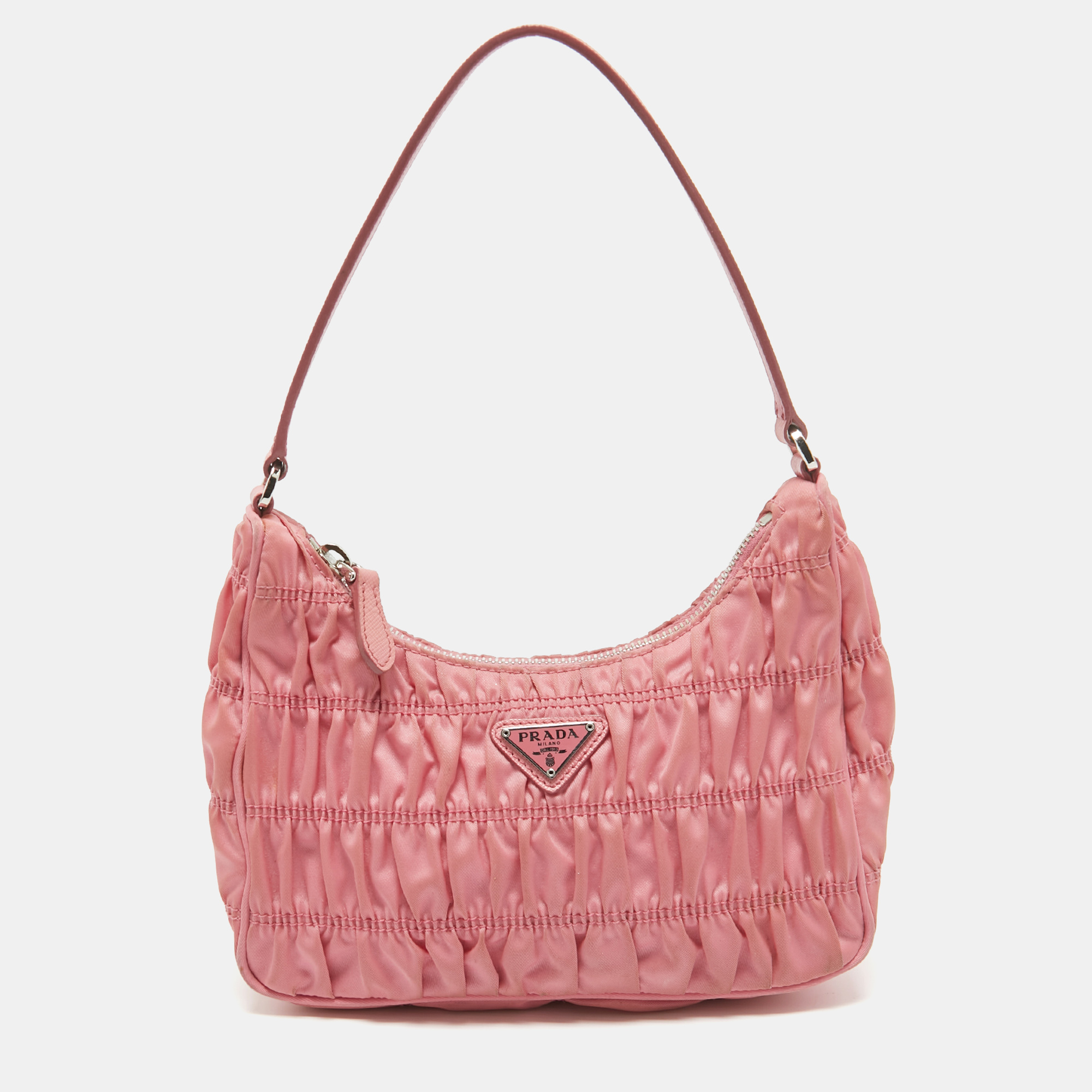 Pre-owned Prada Pink Gaufre Nylon Baguette Bag