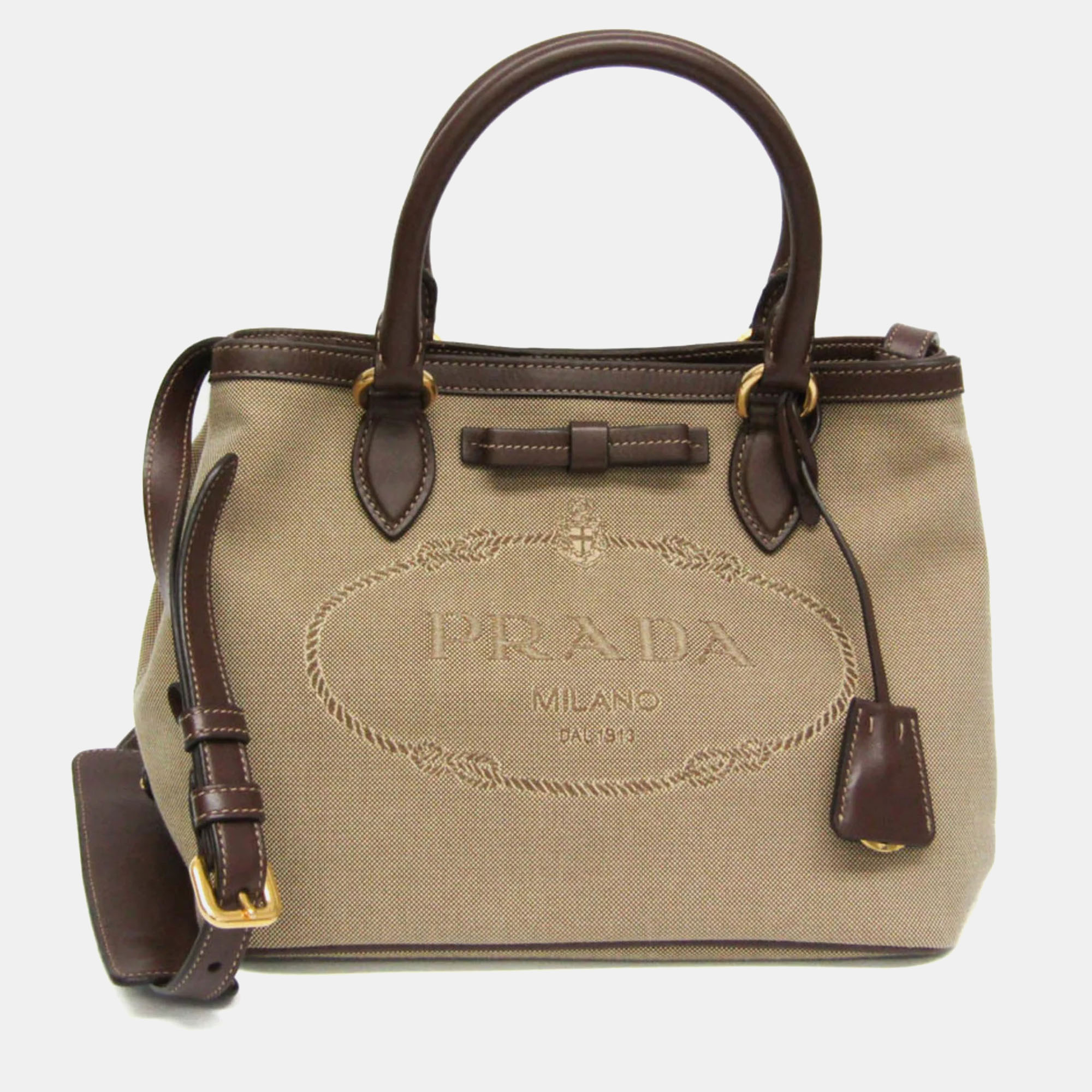 

Prada Brown/Beige Canvas and Leather Logo Convertible Tote Bag