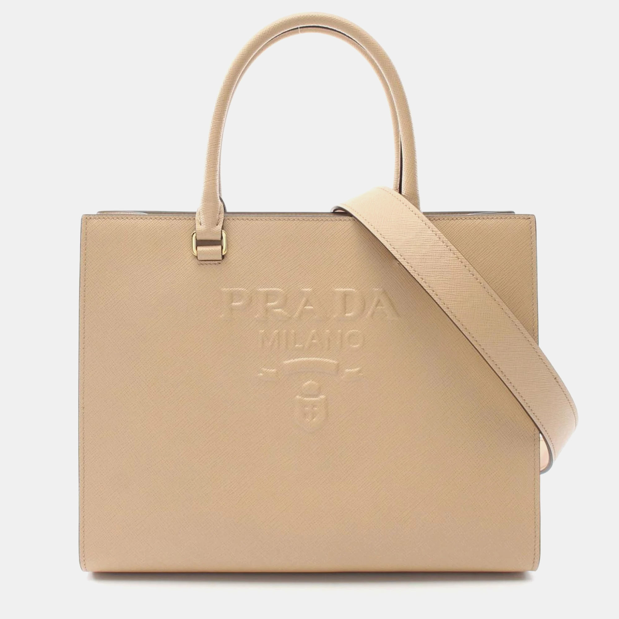 

Prada Beige Saffiano Leather Large Lux Embossed Logo Tote Bag