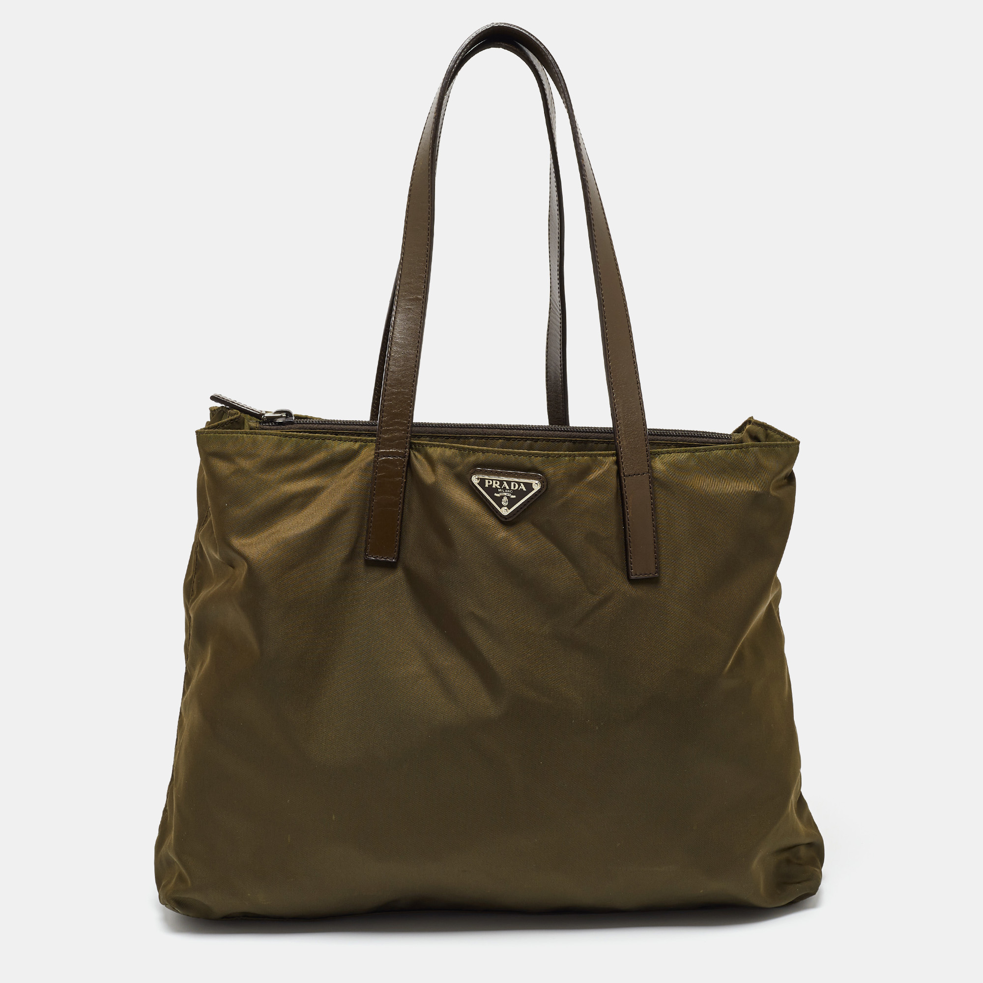 

Prada Olive Green Nylon and Leather Shopper Tote