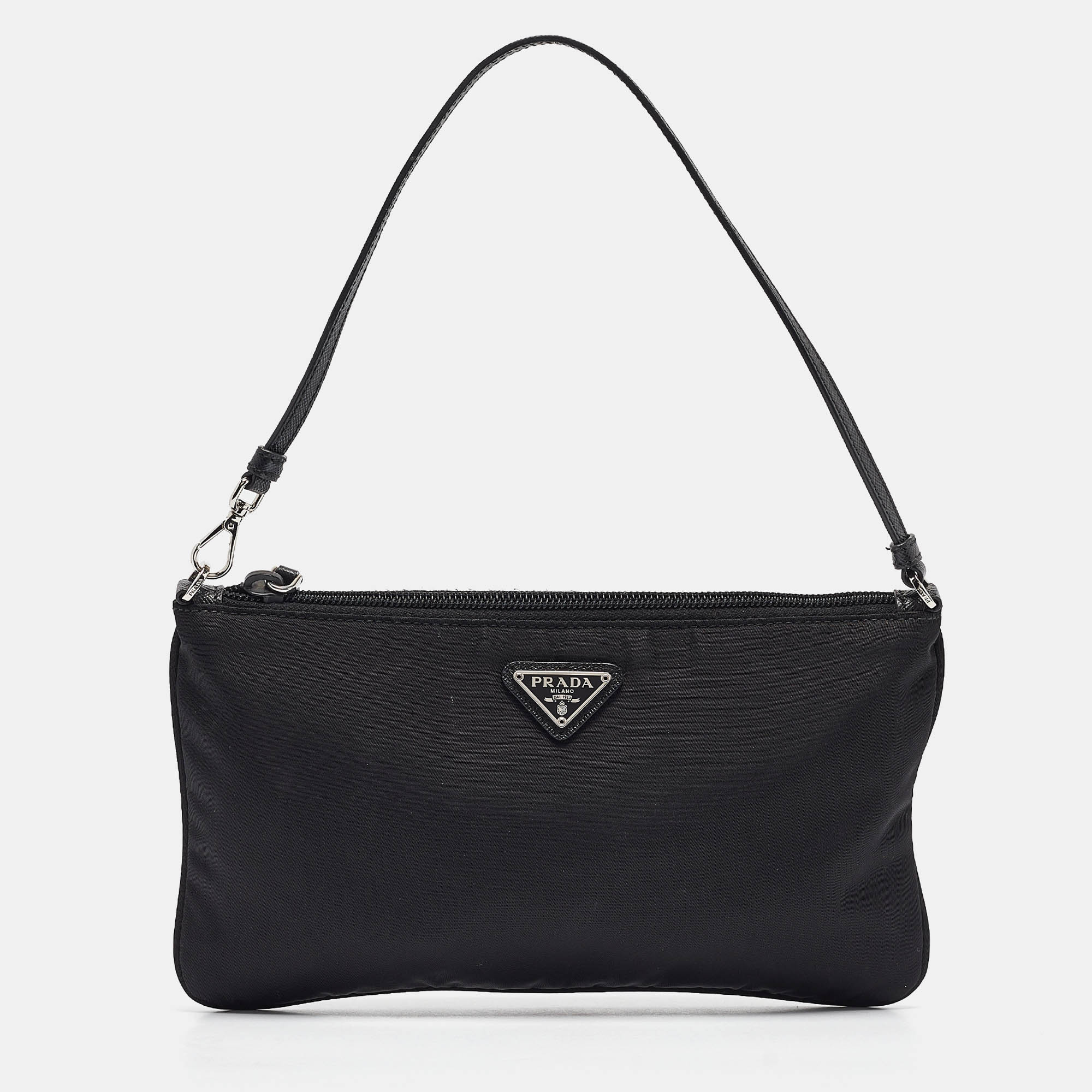 

Prada Black Nylon Logo Zip Pochette Bag