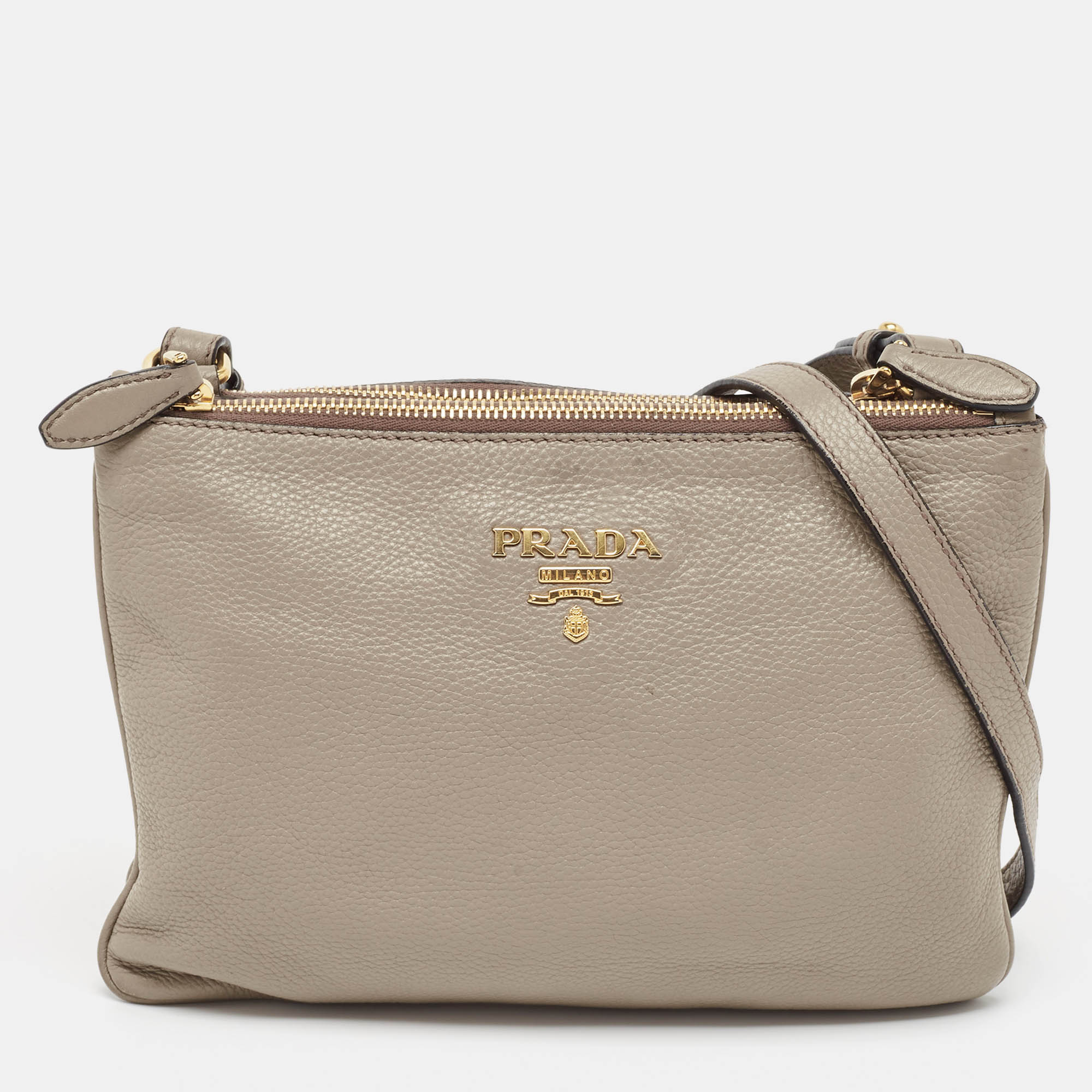 

Prada Grey Vitello Daino Leather Double Zip Crossbody Bag