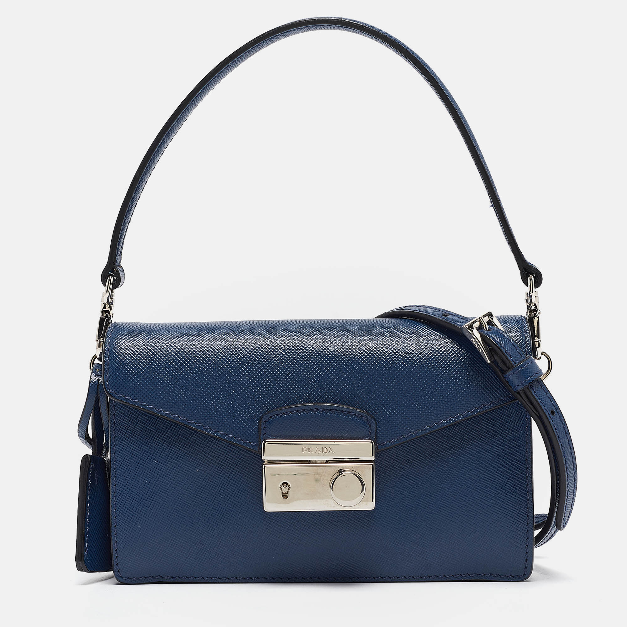 

Prada Blue Saffiano Lux Leather Mini Sound Flap Crossbody Bag