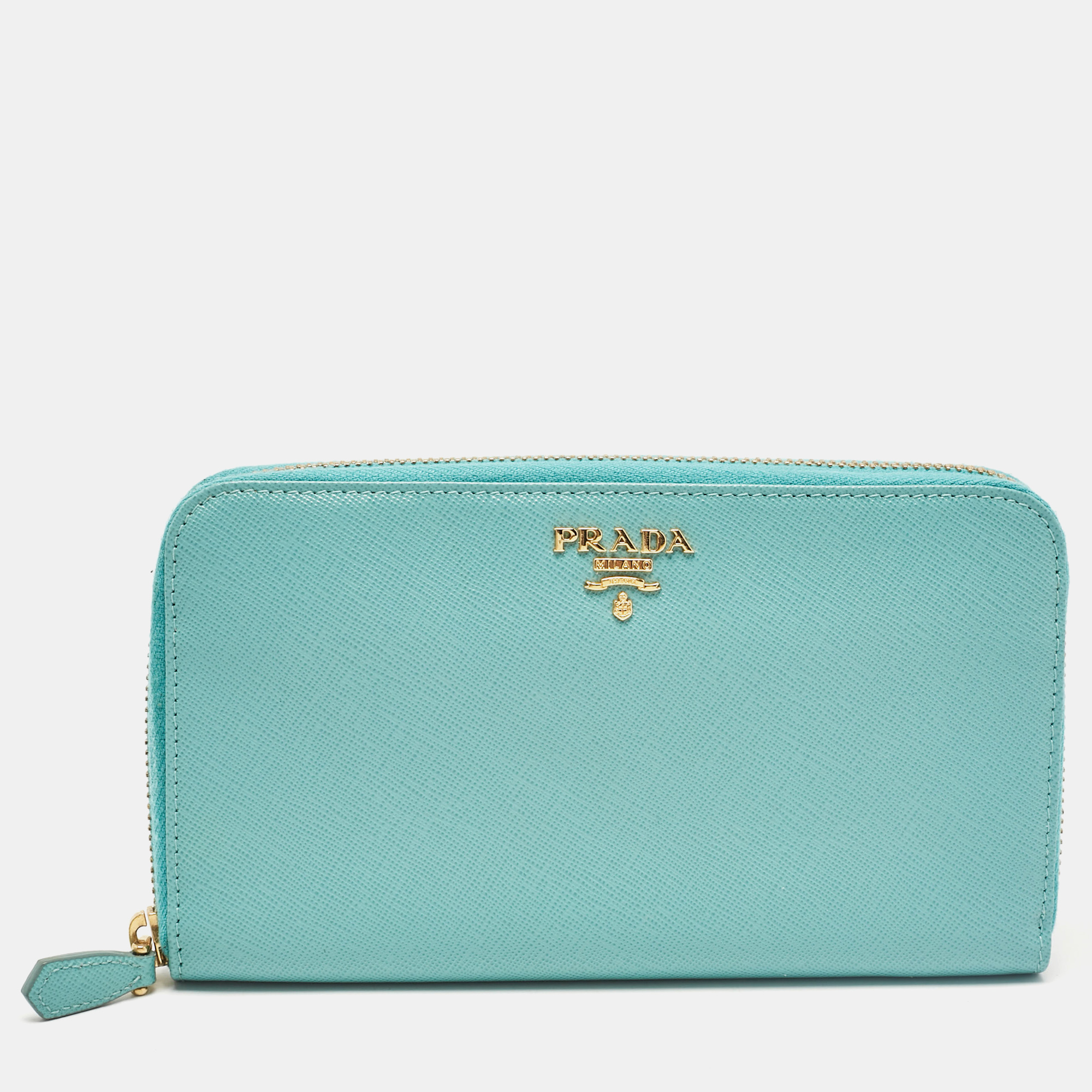 

Prada Turquoise Saffiano Metal Leather Zip Continental Wallet, Blue