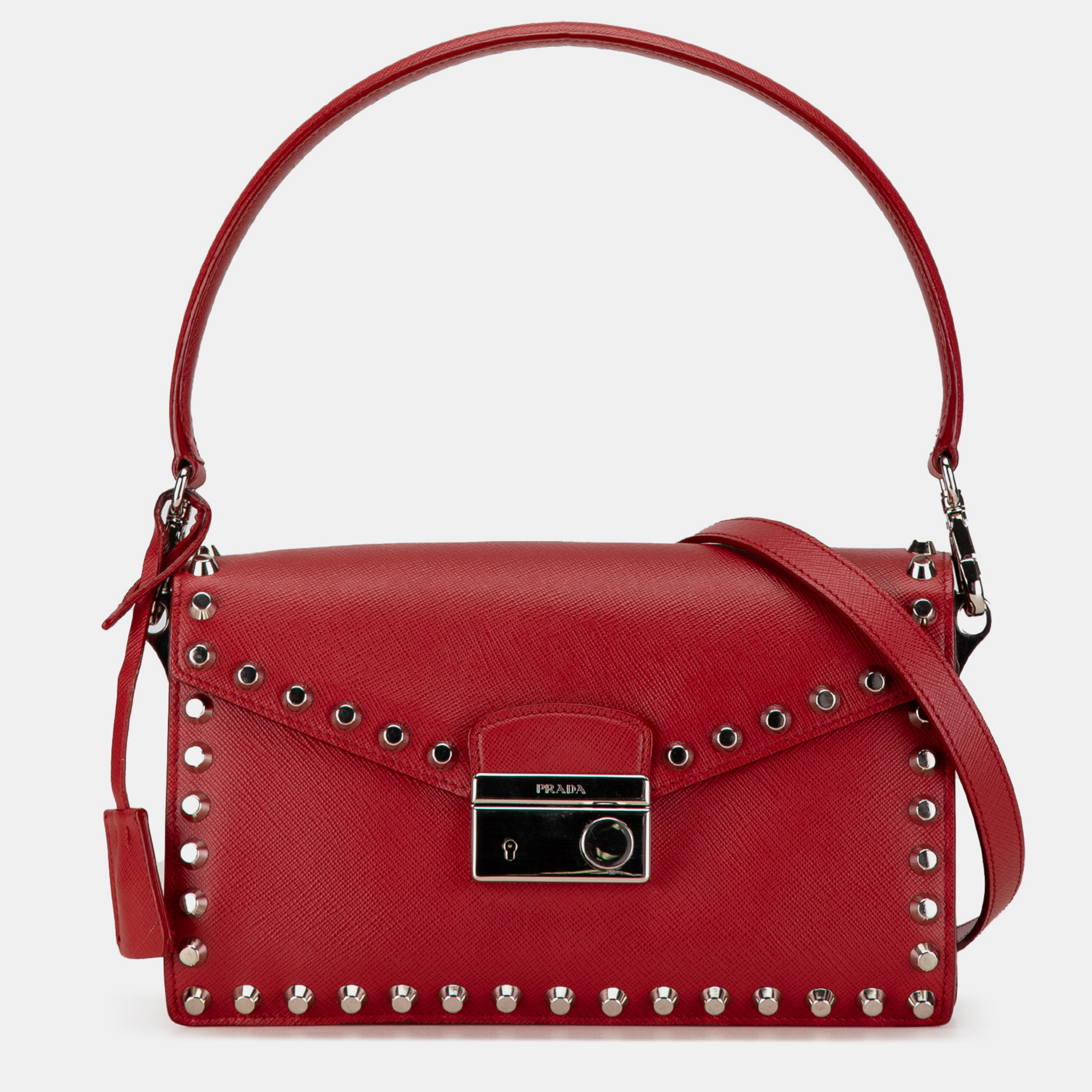 

Prada Studded Saffiano Sound Lock Satchel Bag, Red