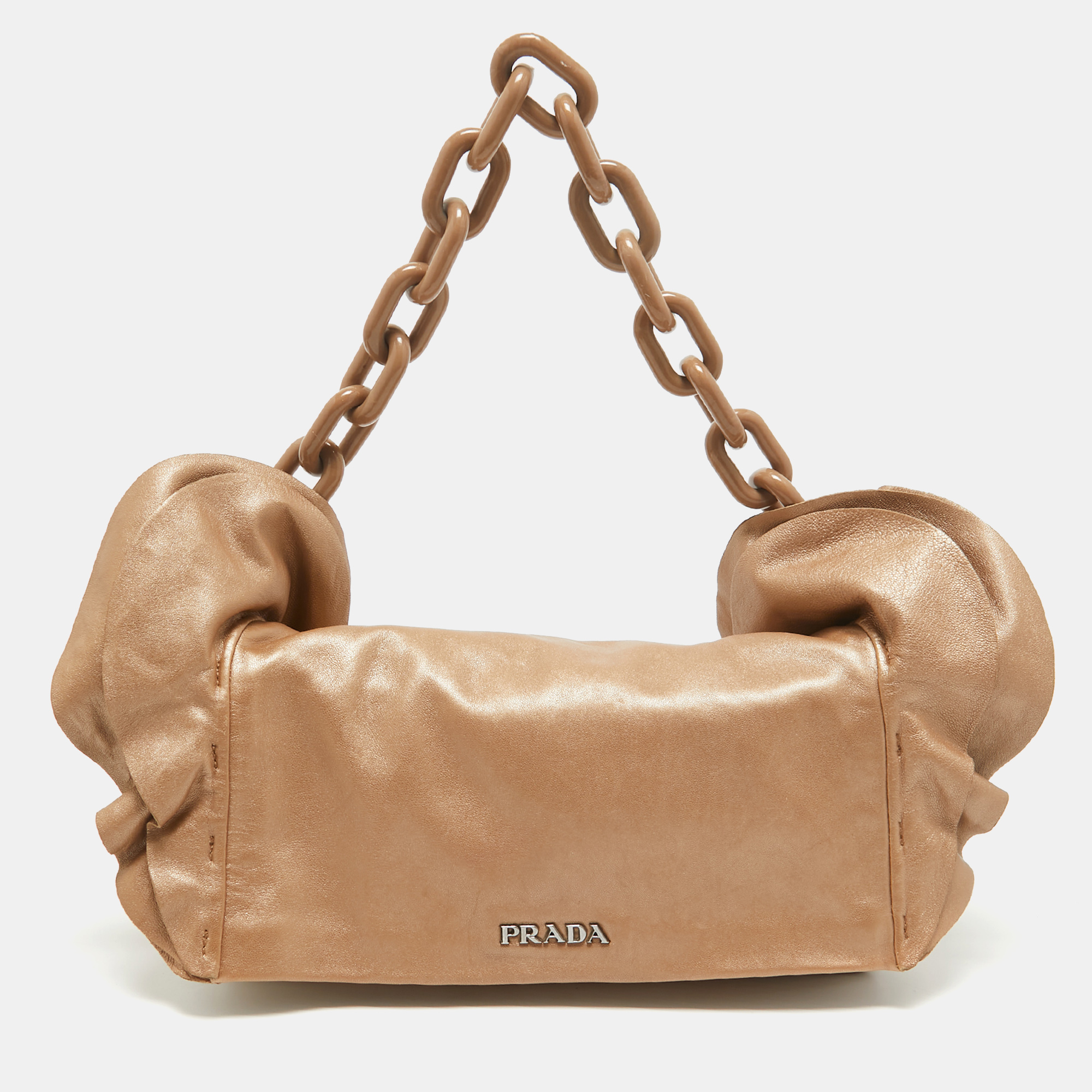 

Prada Metallic Beige Leather Ruffle Shoulder Bag