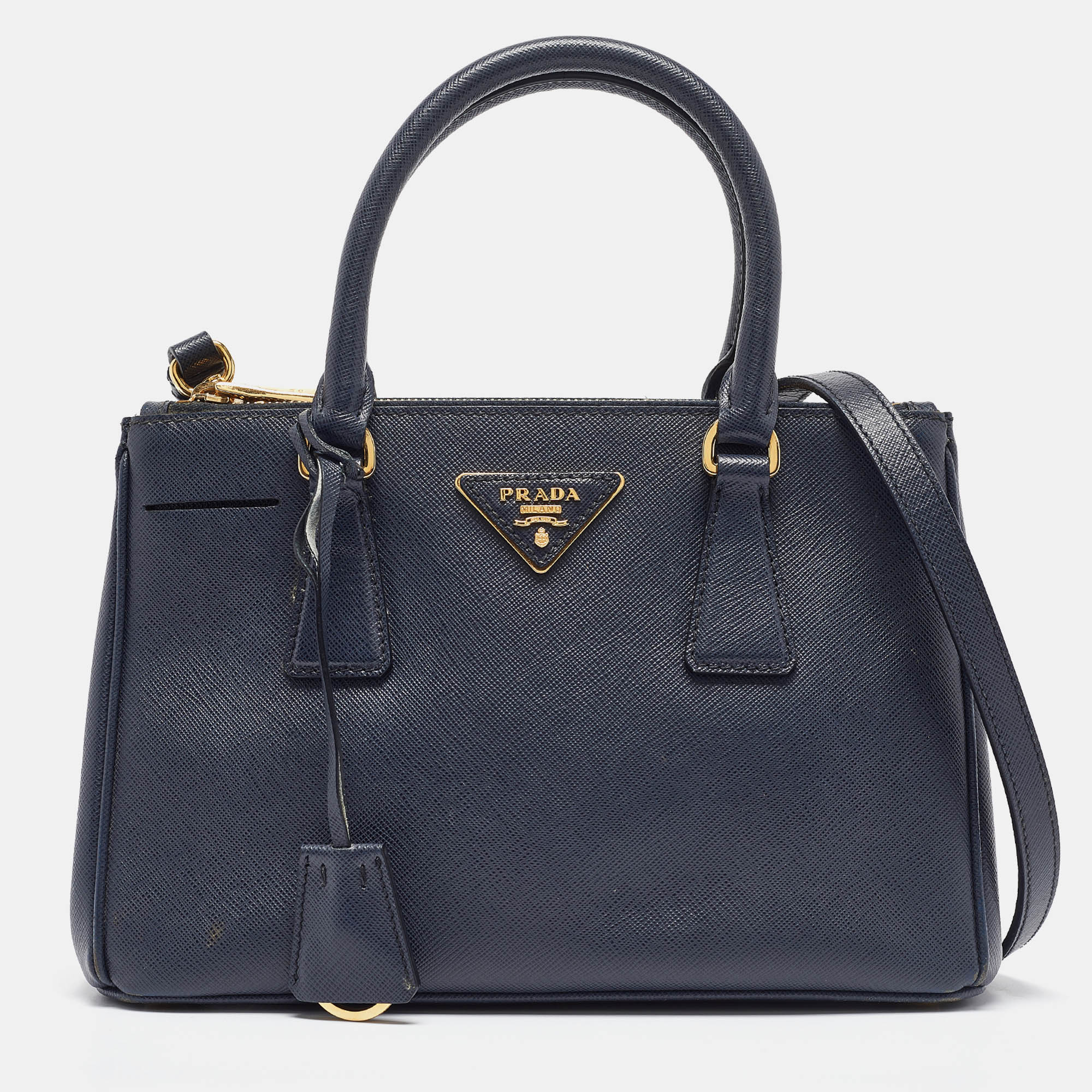 

Prada Navy Blue Saffiano Lux Leather Small Double Zip Tote