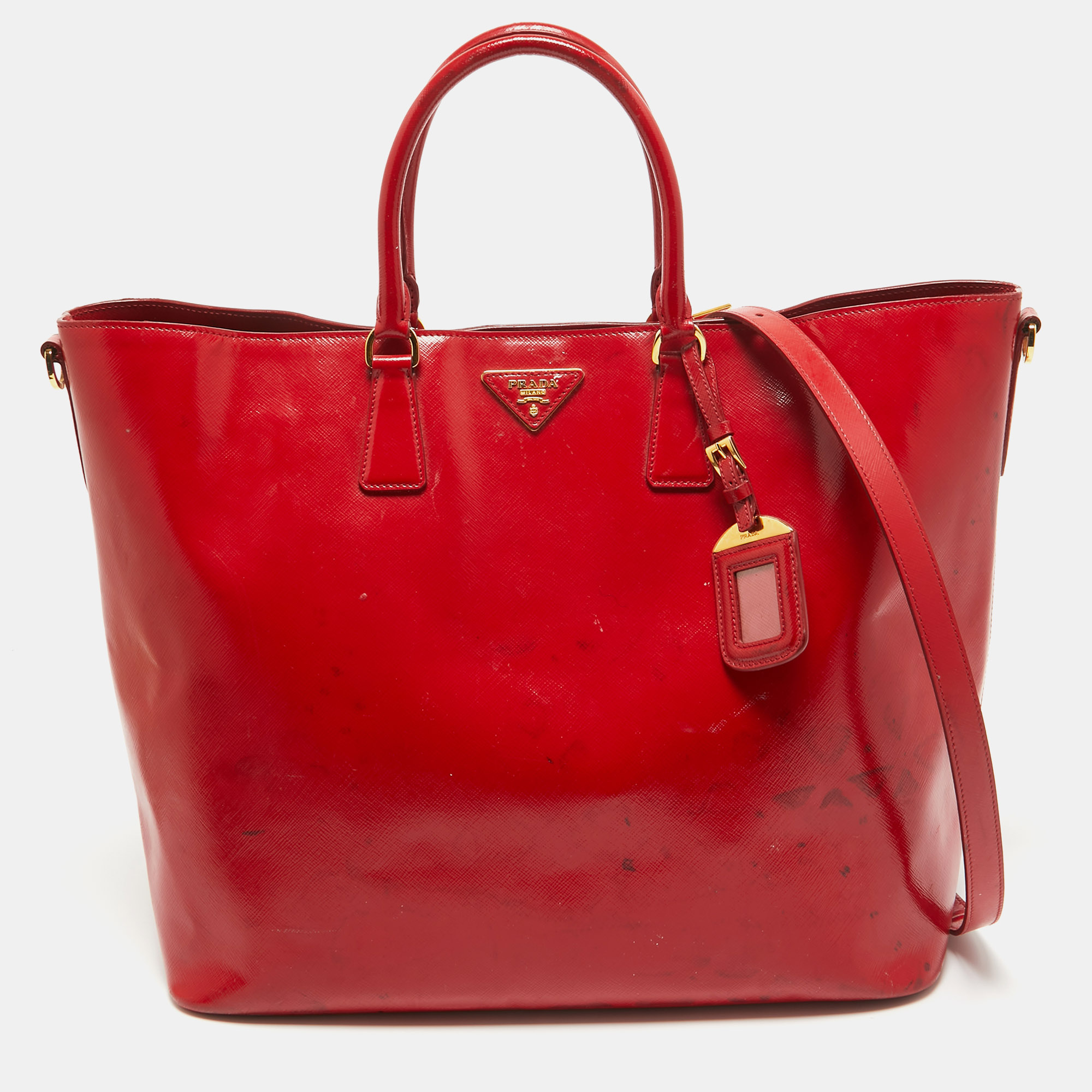 

Prada Red Patent Leather Snap Tote