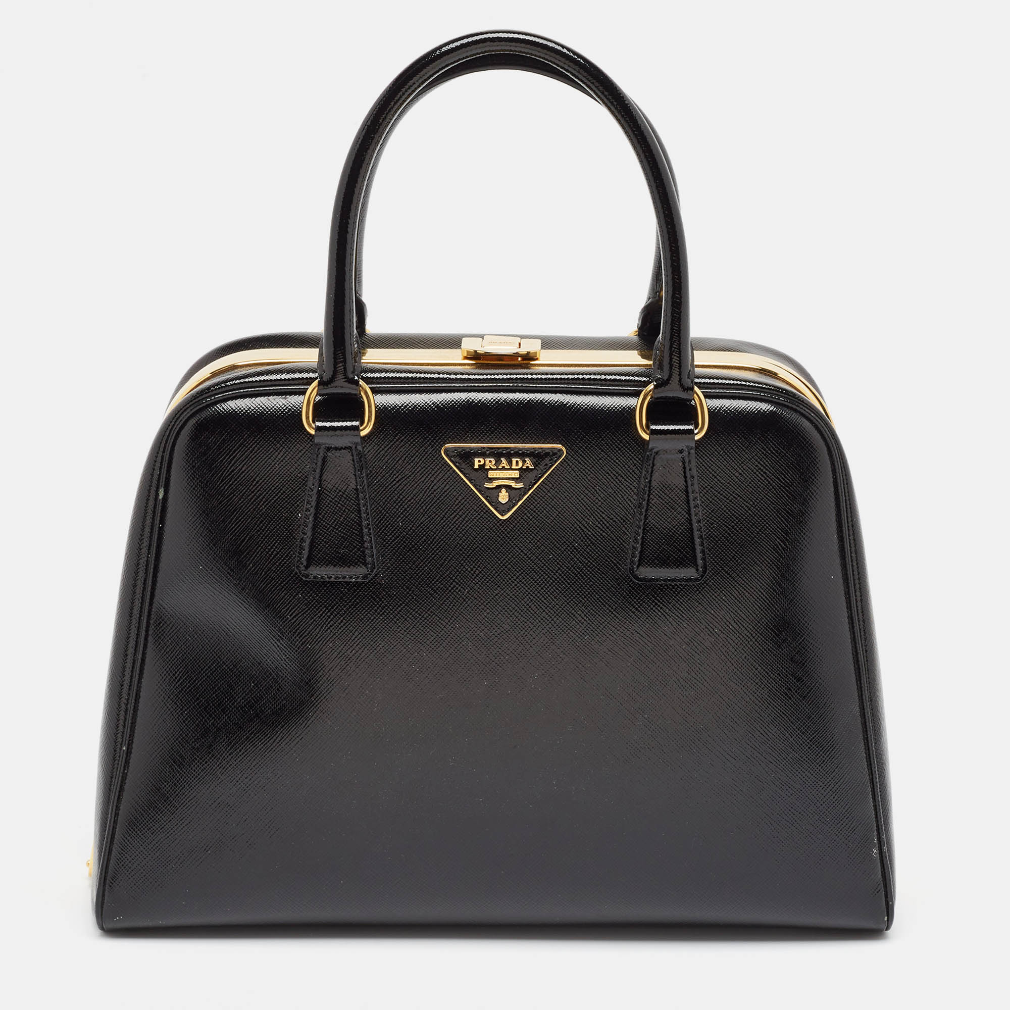 

Prada Black Patent Leather Pyramid Frame Top Handle Bag