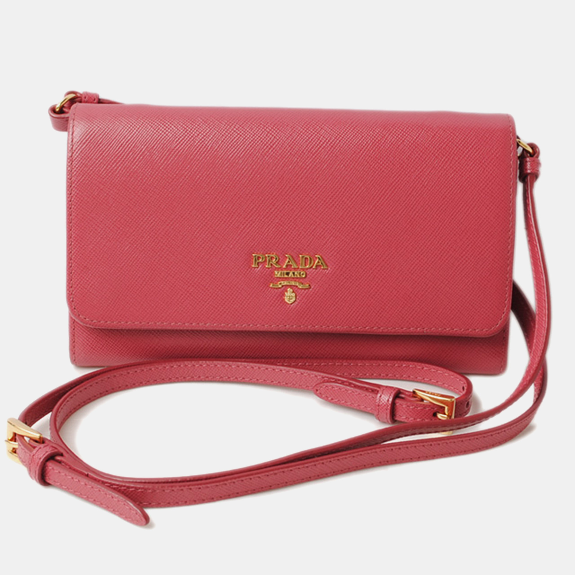 

Prada Pink Saffiano Leather Metal Long Wallet with Strap