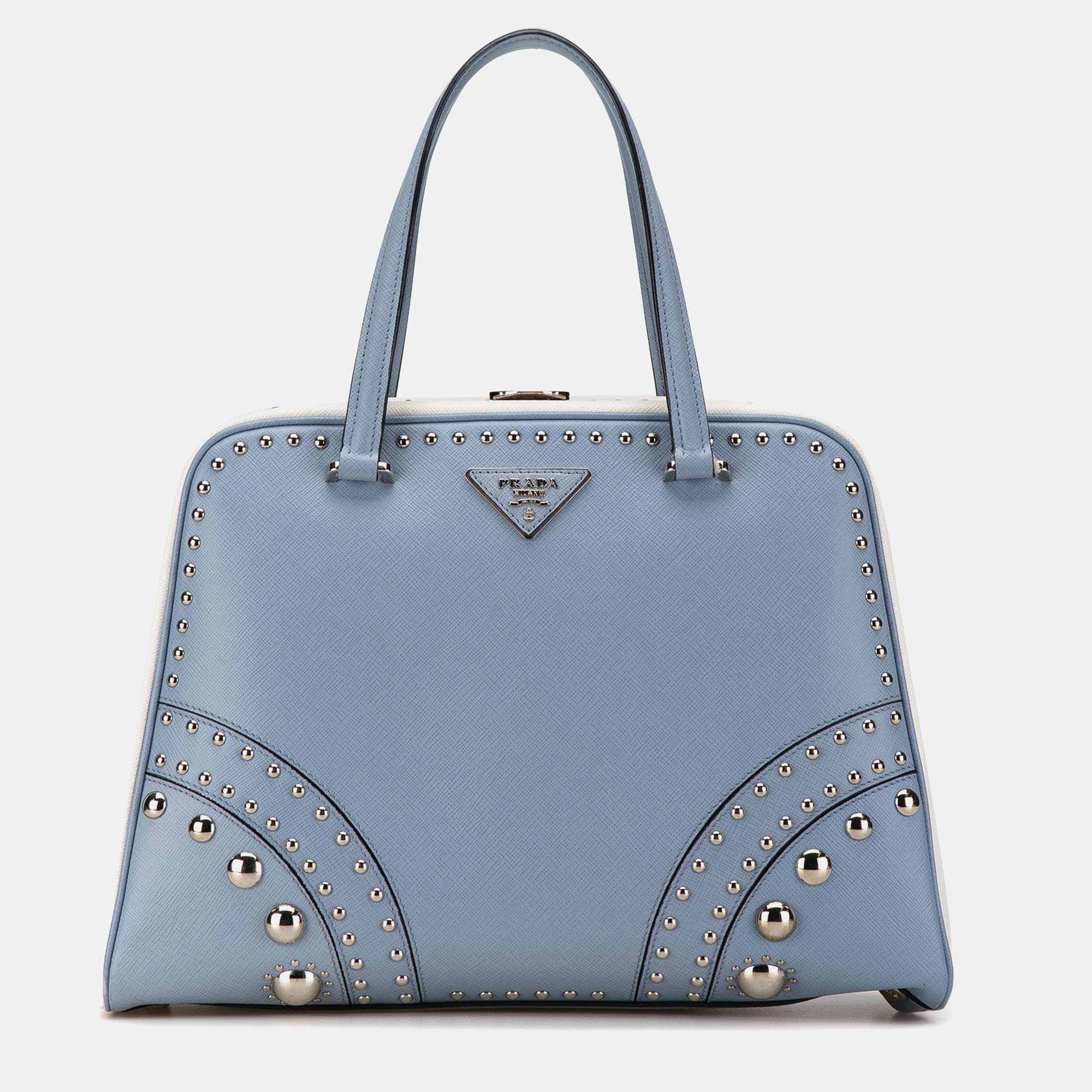 

Prada Medium Studded Saffiano Pyramid Top Handle Bag, Blue