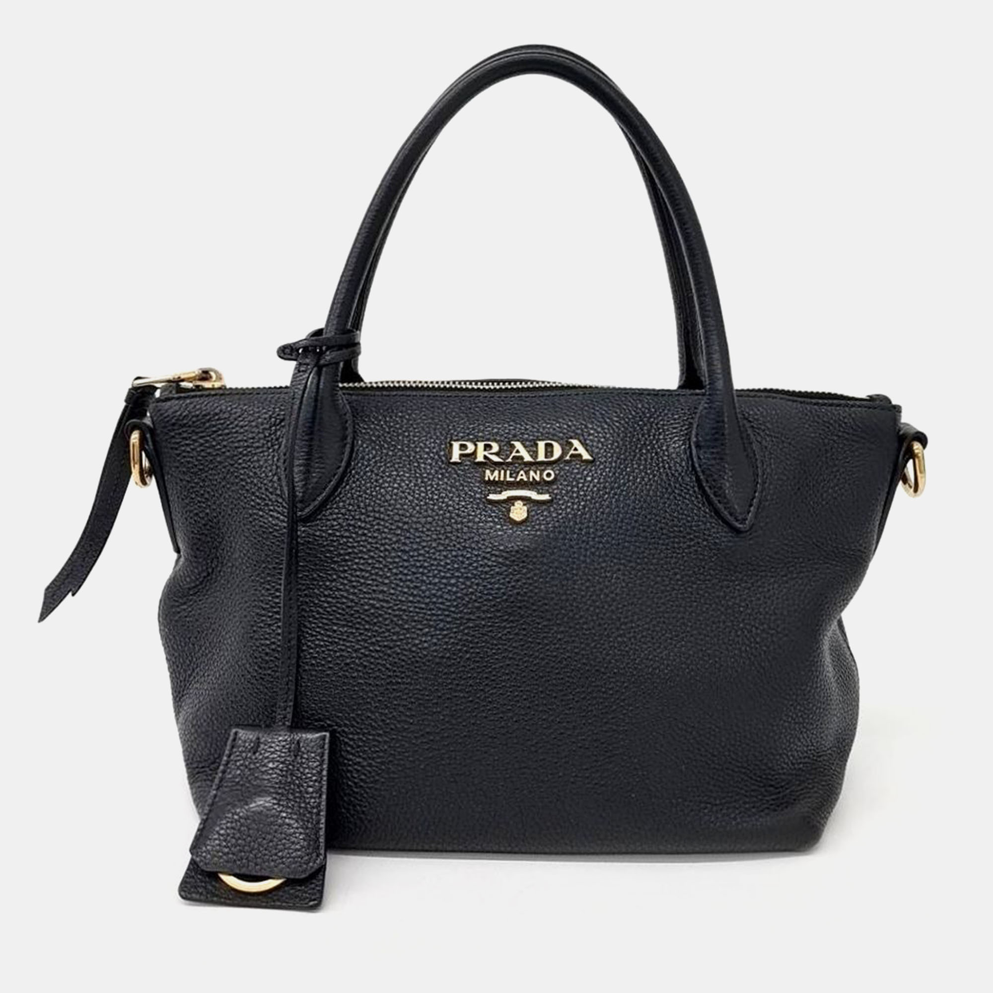 Pre-owned Prada Vitello Dino Tote And Shoulder Bag In Black