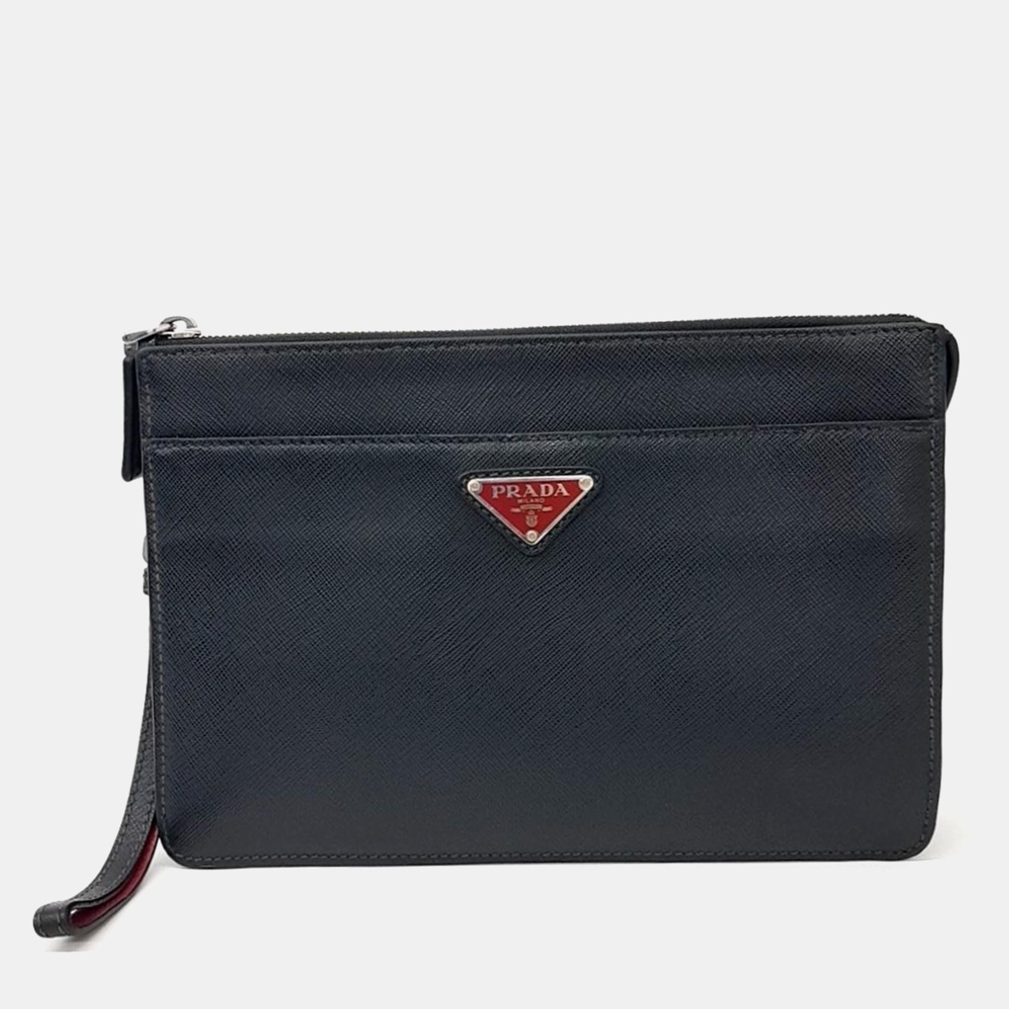 Pre-owned Prada Saffiano Treble Clutch In Black