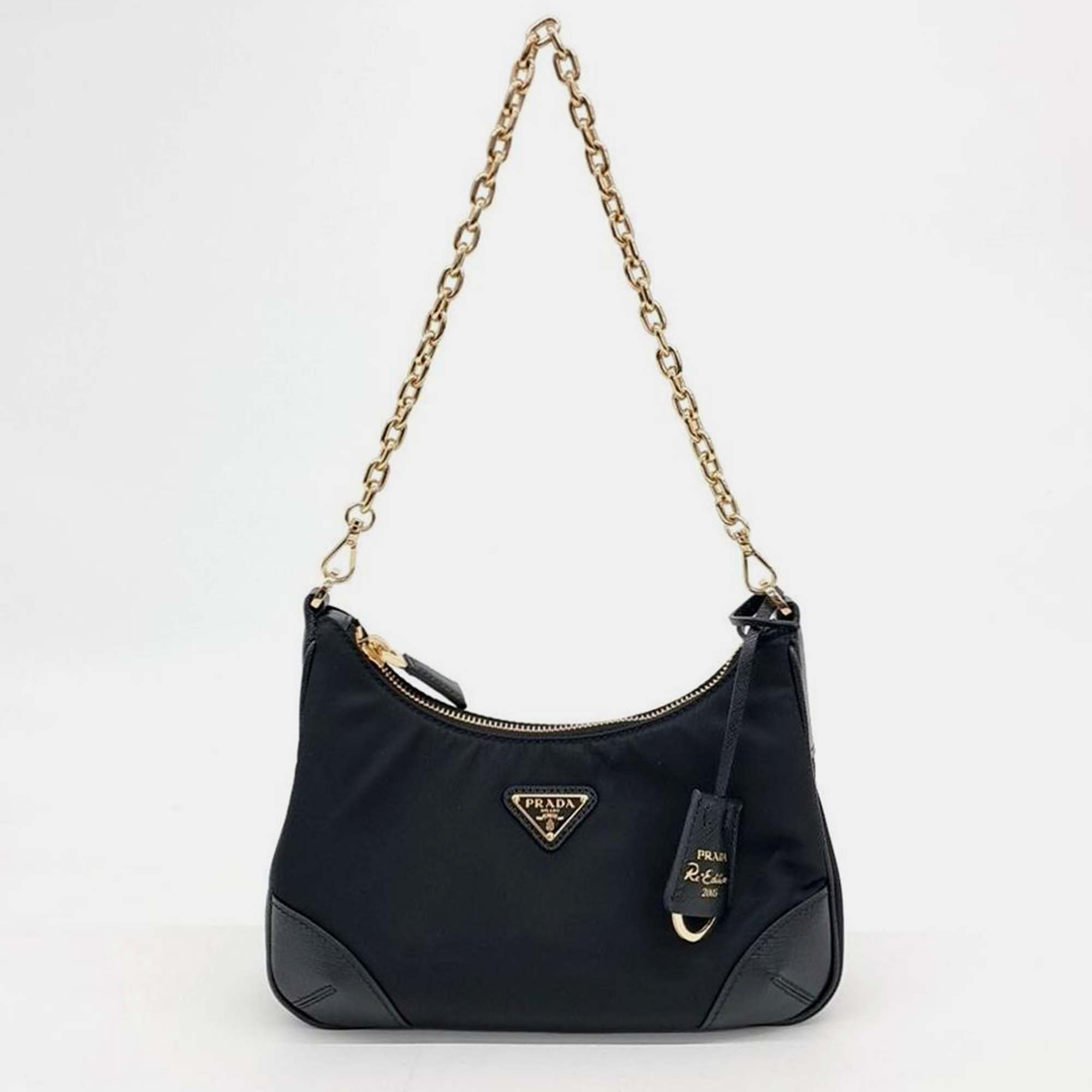 Pre-owned Prada Tesuto Chain Strap Hobo Bag In Black