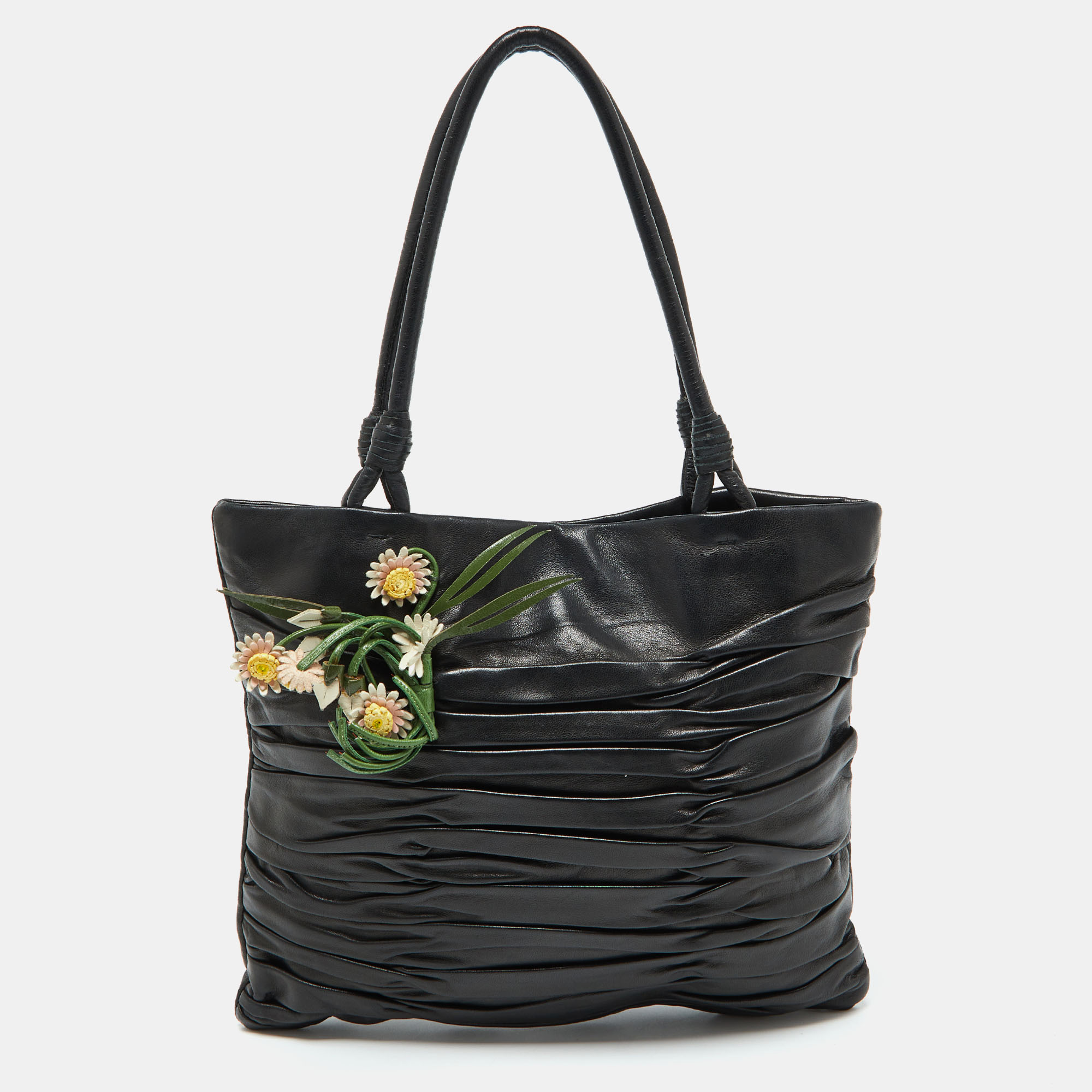 

Prada Black Nappa Leather Gaufré Floral Tote