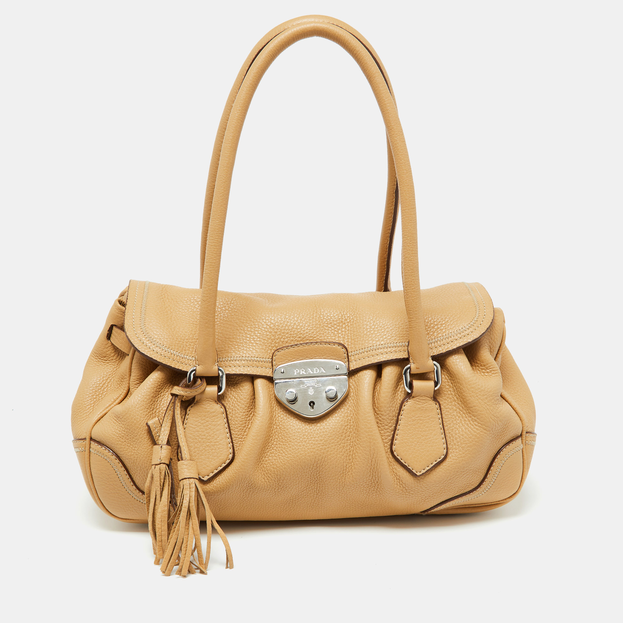 

Prada Beige Vitello Daino Leather Pushlock Flap Hobo