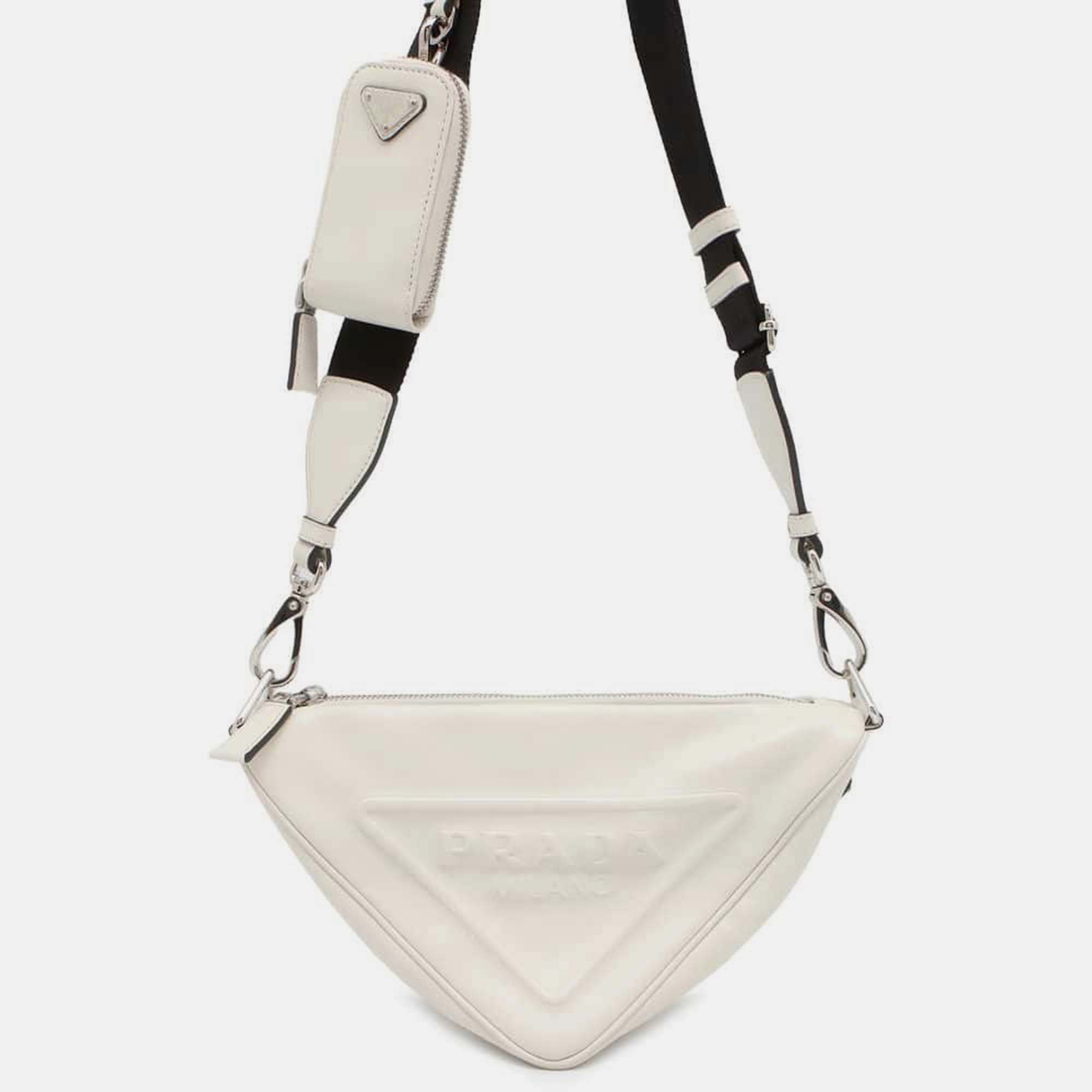 

Prada White Leather Logo Embossed Triangle Shoulder Bag