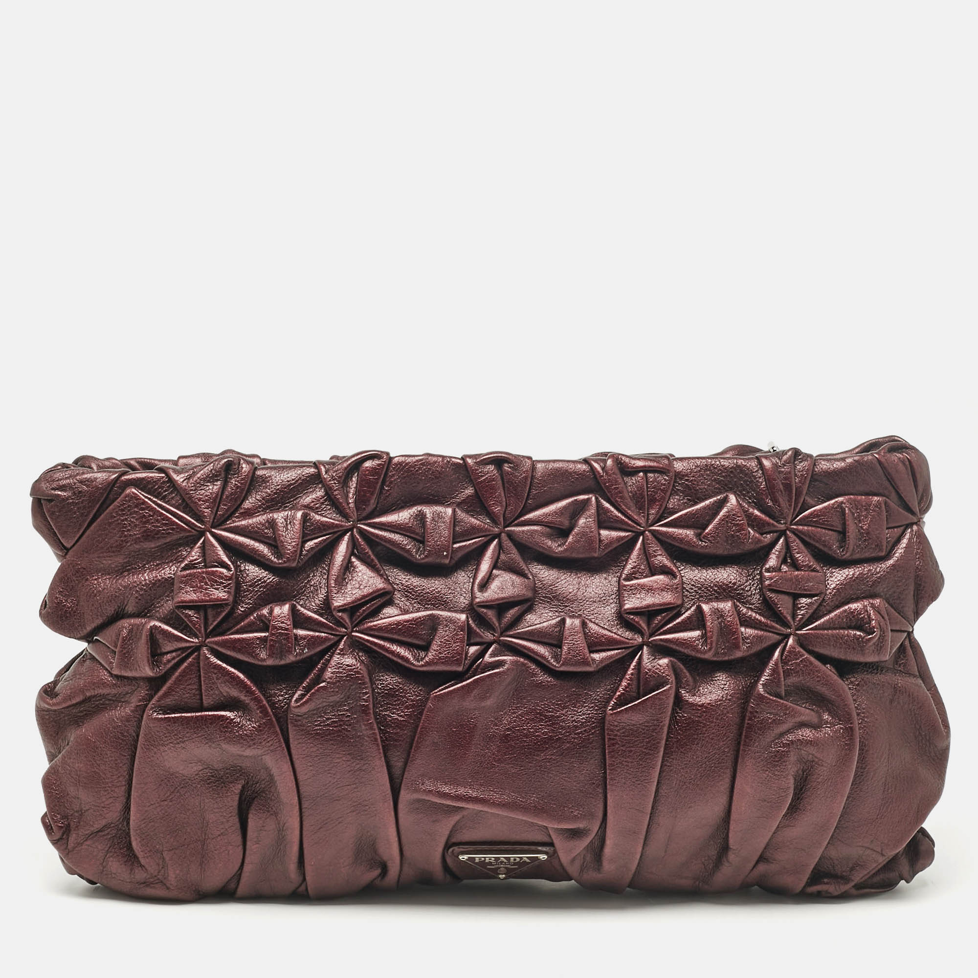 Pre-owned Prada Purple Mirtillo Pleated Leather Clutch