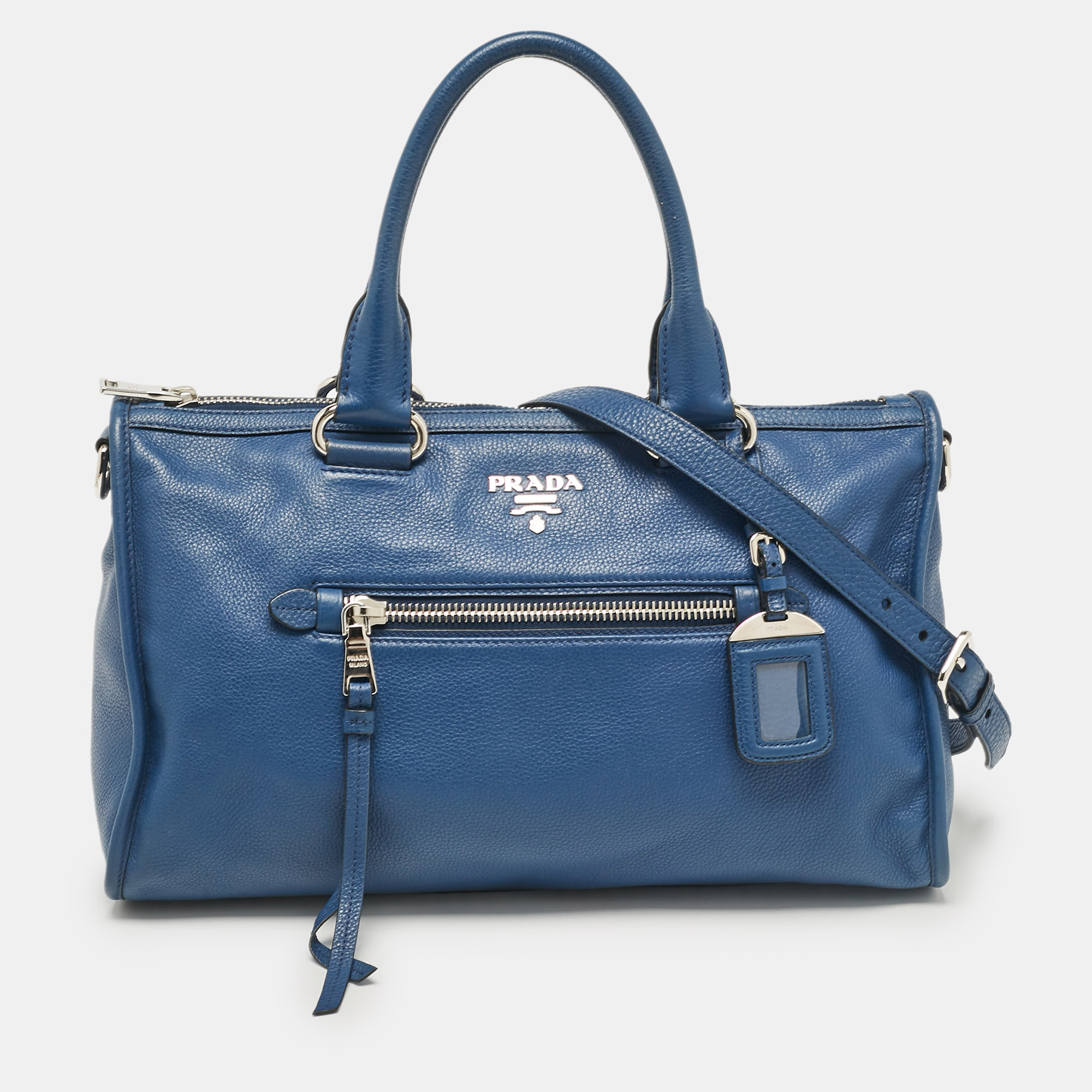 

Prada Blue Vitello Phenix Leather Zip Satchel