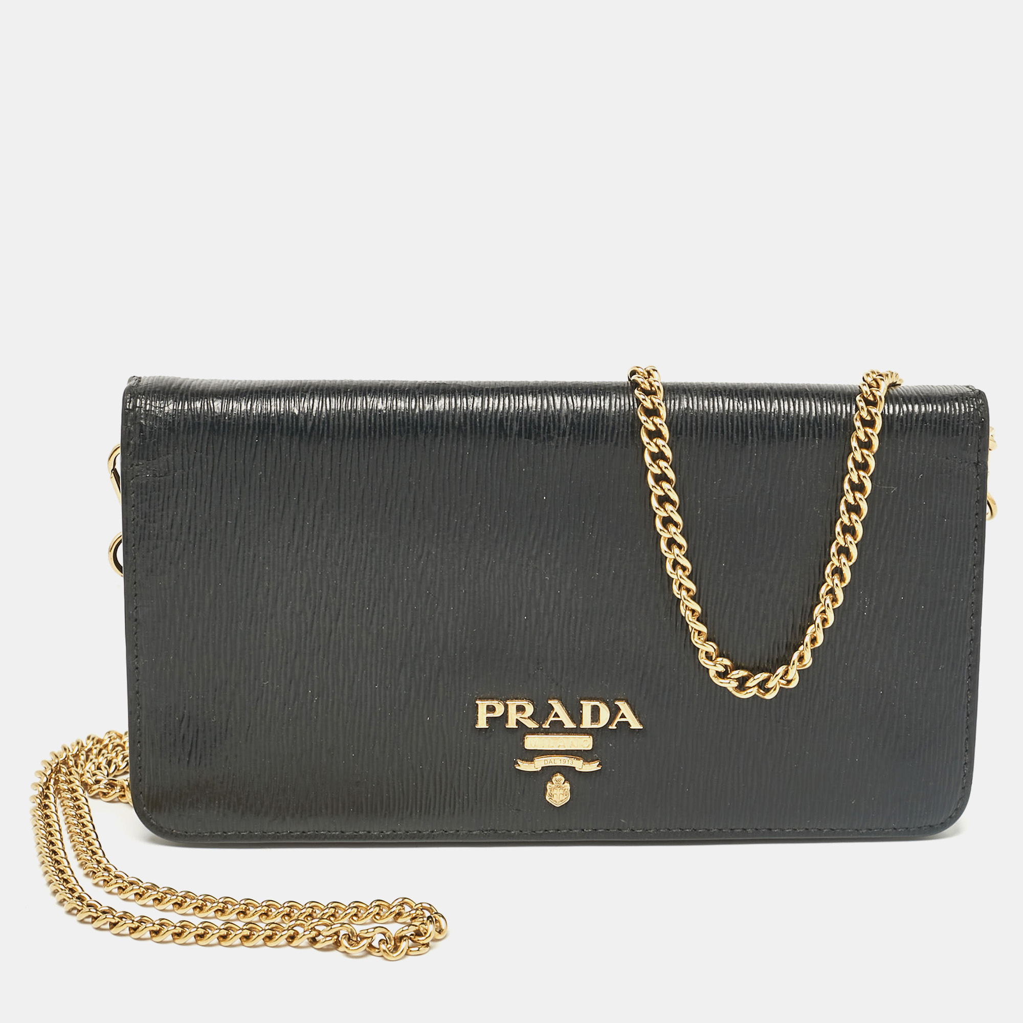 Pre-owned Prada Black Leather Logo Wallet On Chain