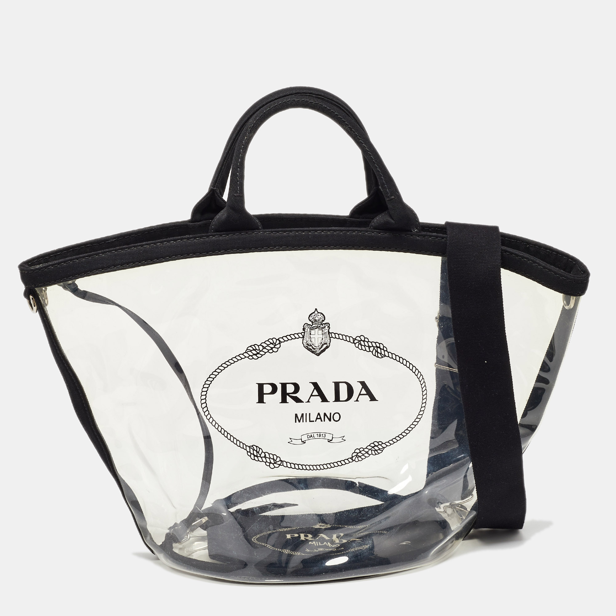 

Prada Black/Clear PVC and Canvas Logo Beach Tote