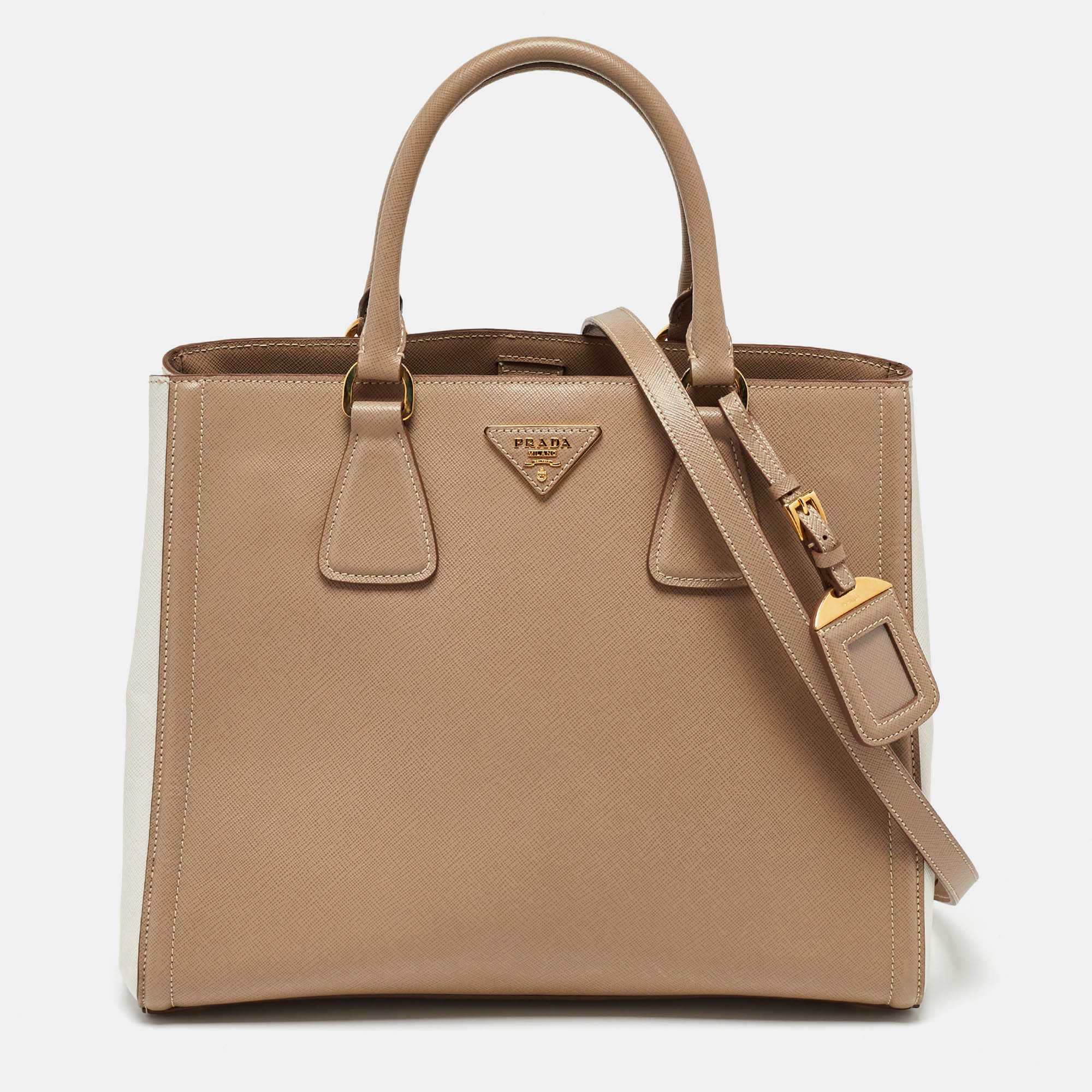 

Prada Beige/White Saffiano Lux Leather Open Tote