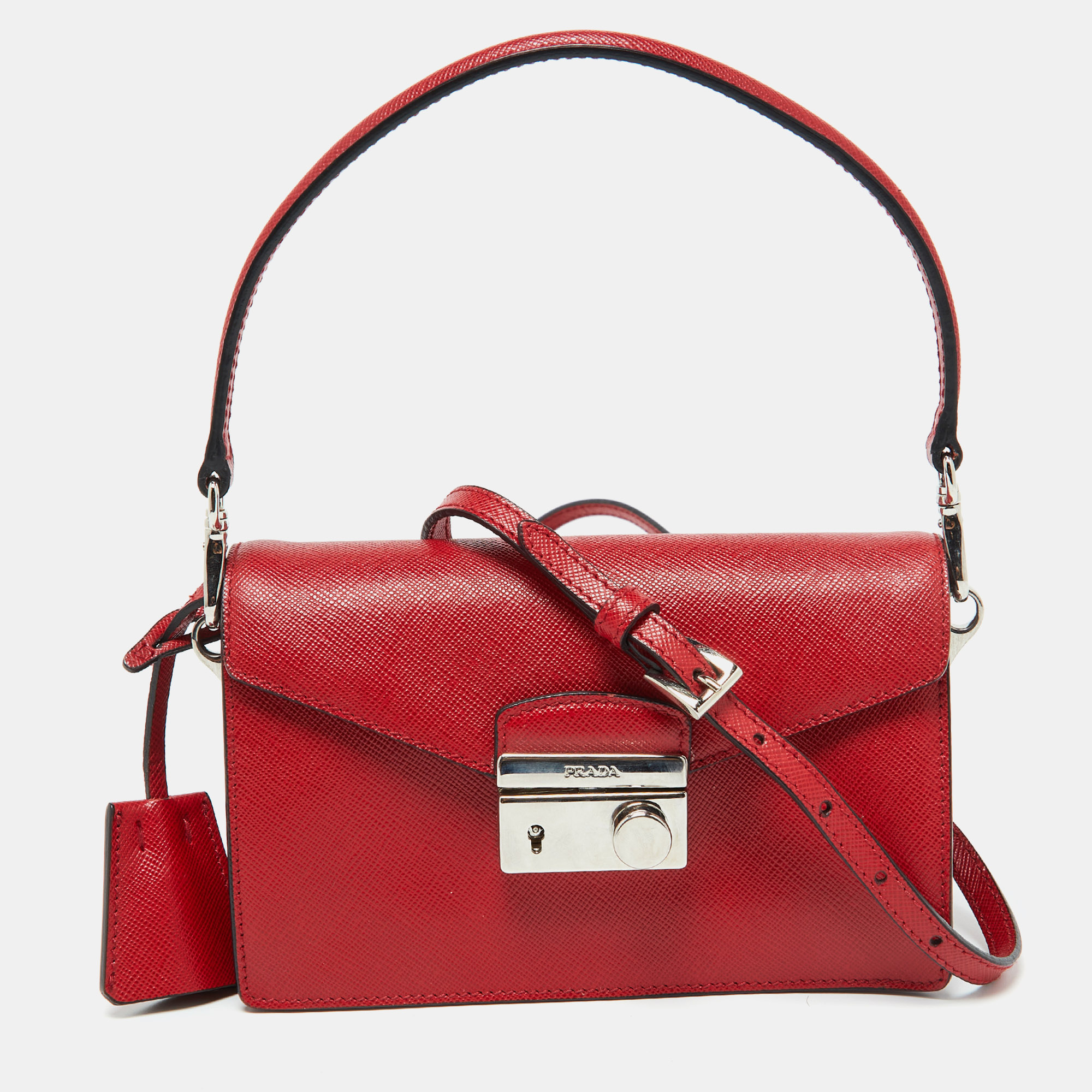 

Prada Red Saffiano Lux Leather Mini Sound Flap Crossbody Bag