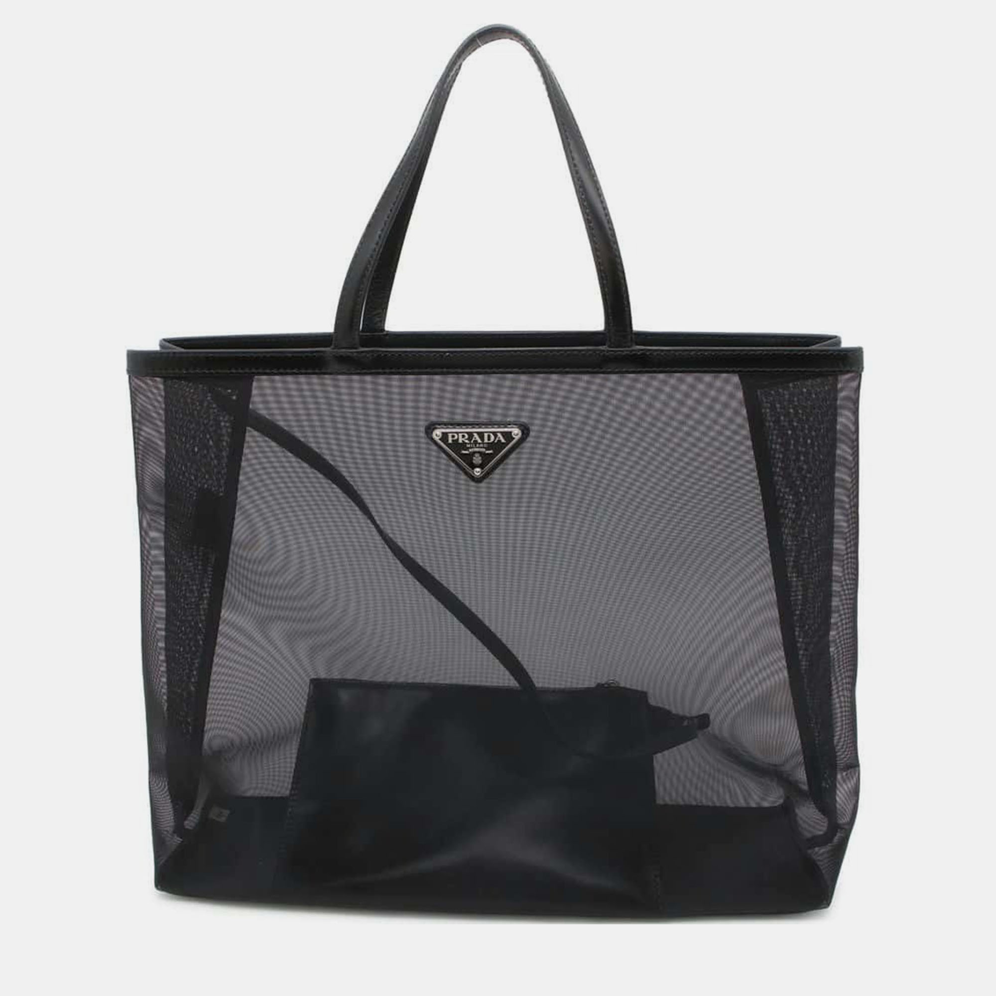 

Prada Black Mesh Leather Triangle Logo Mesh Shopping Bag