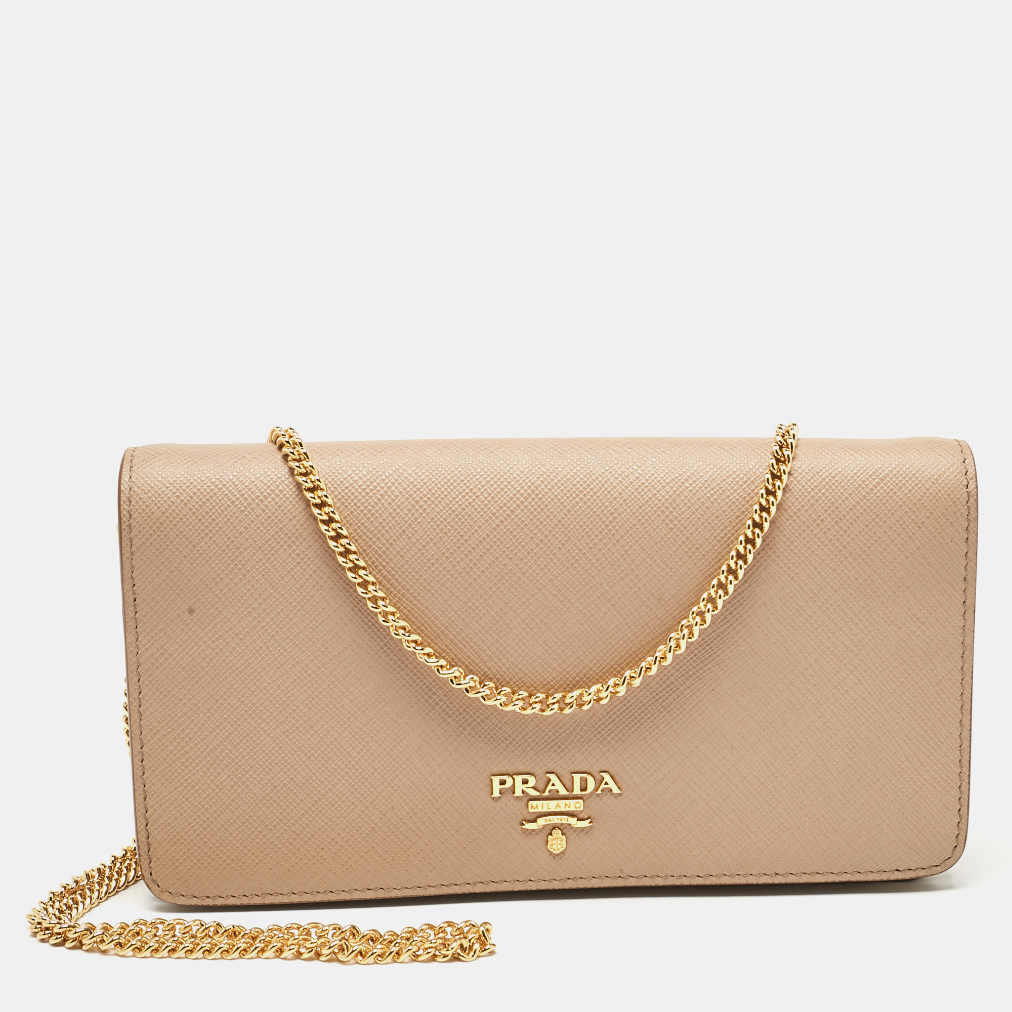 

Prada Beige Saffiano Leather Flap Wallet On Chain