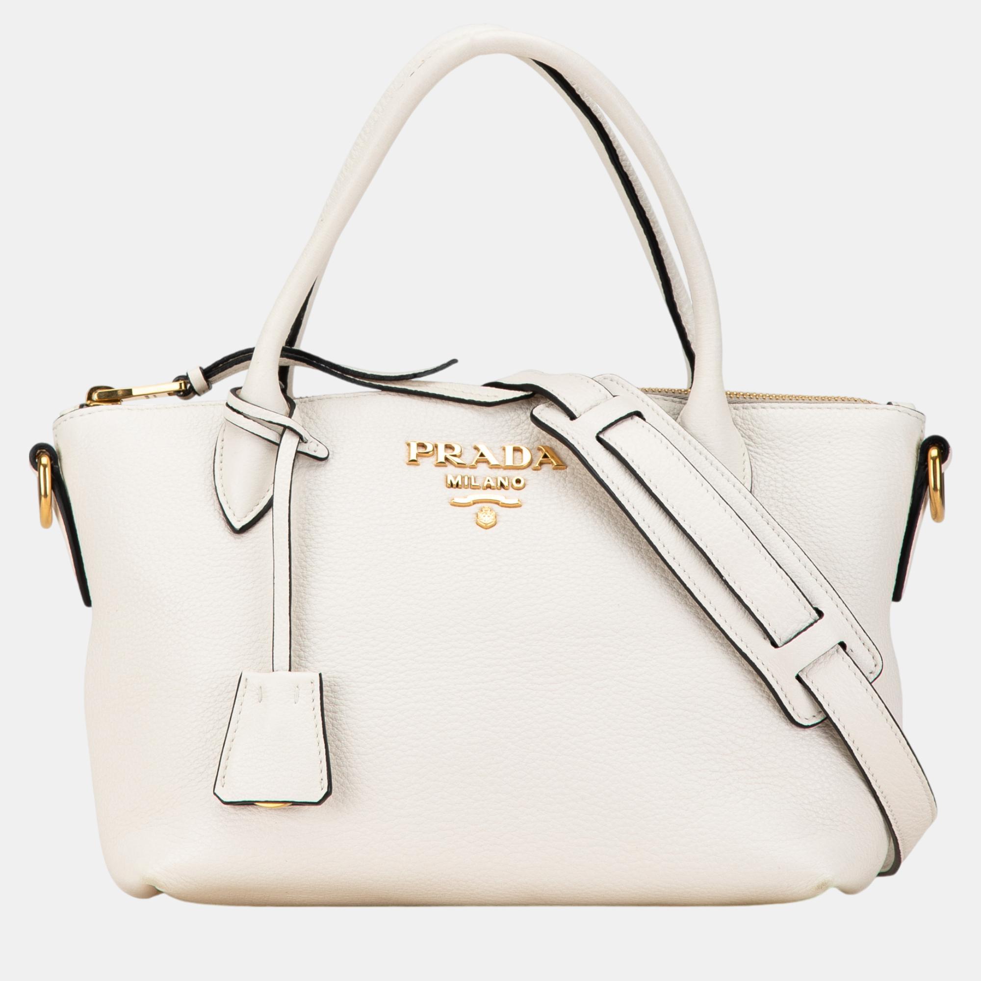 

Prada White Vitello Daino Double Strap Satchel