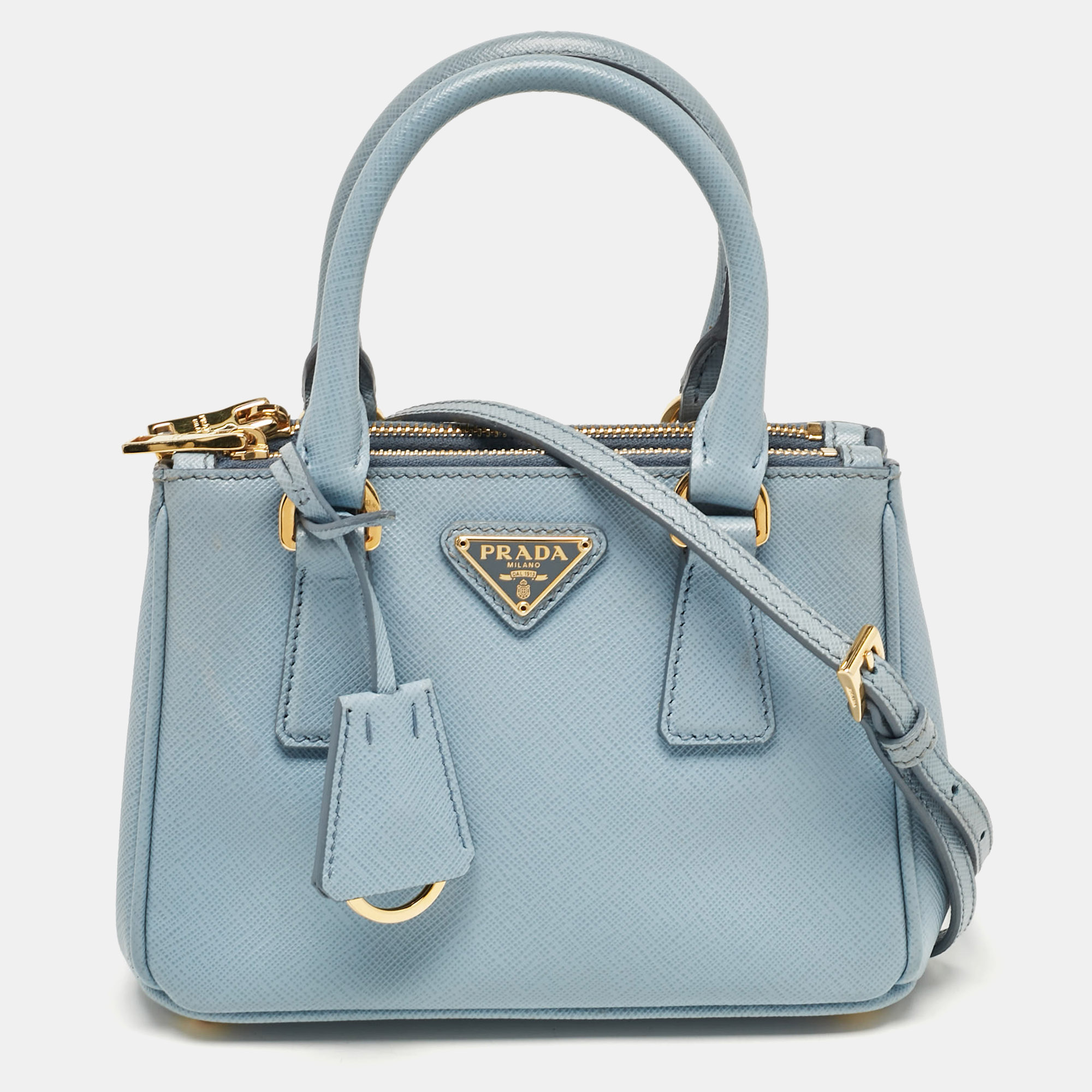 

Prada Light Blue Saffiano Lux Leather Mini Double Zip Crossbody Bag