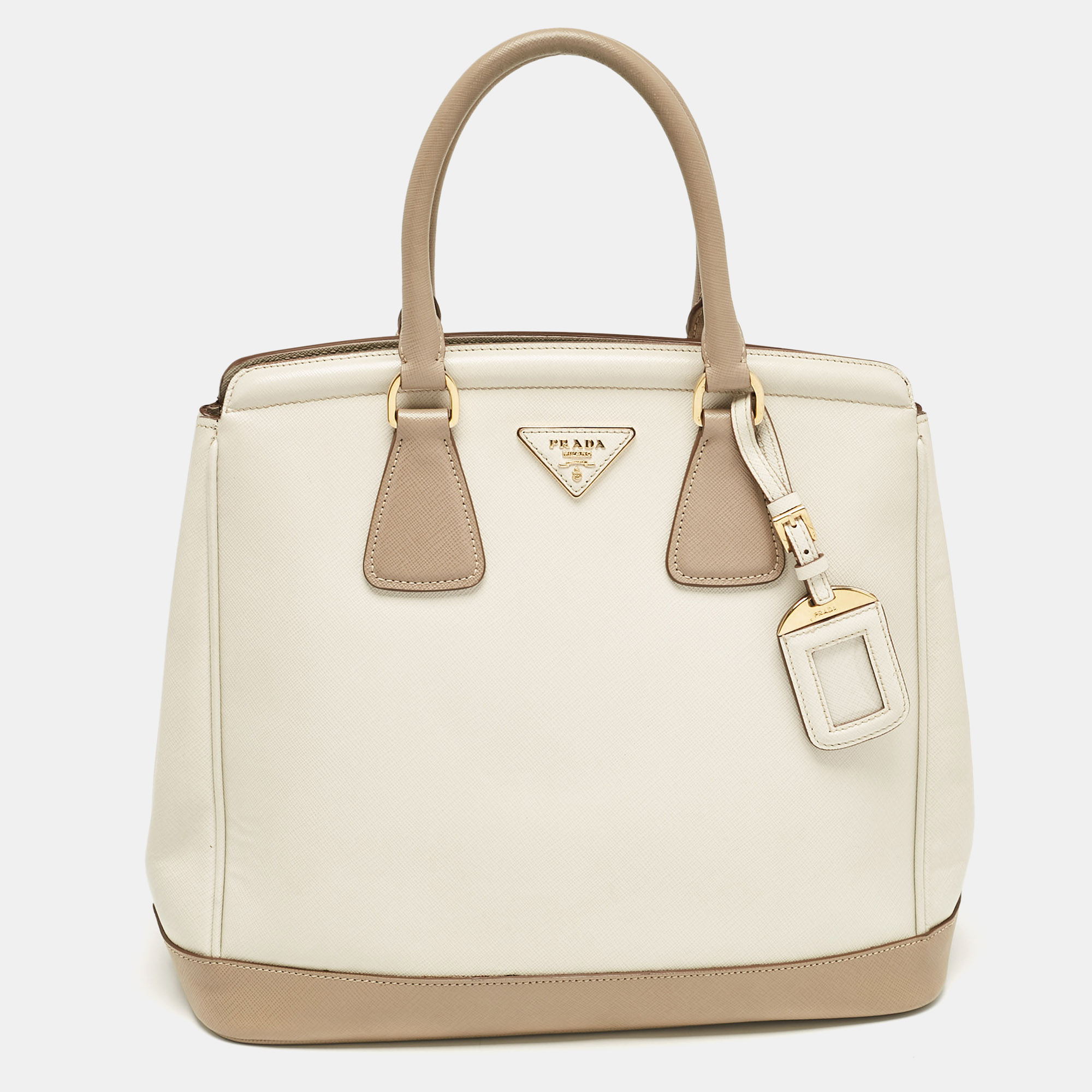 

Prada White/Khaki Saffiano Leather Parabole Tote