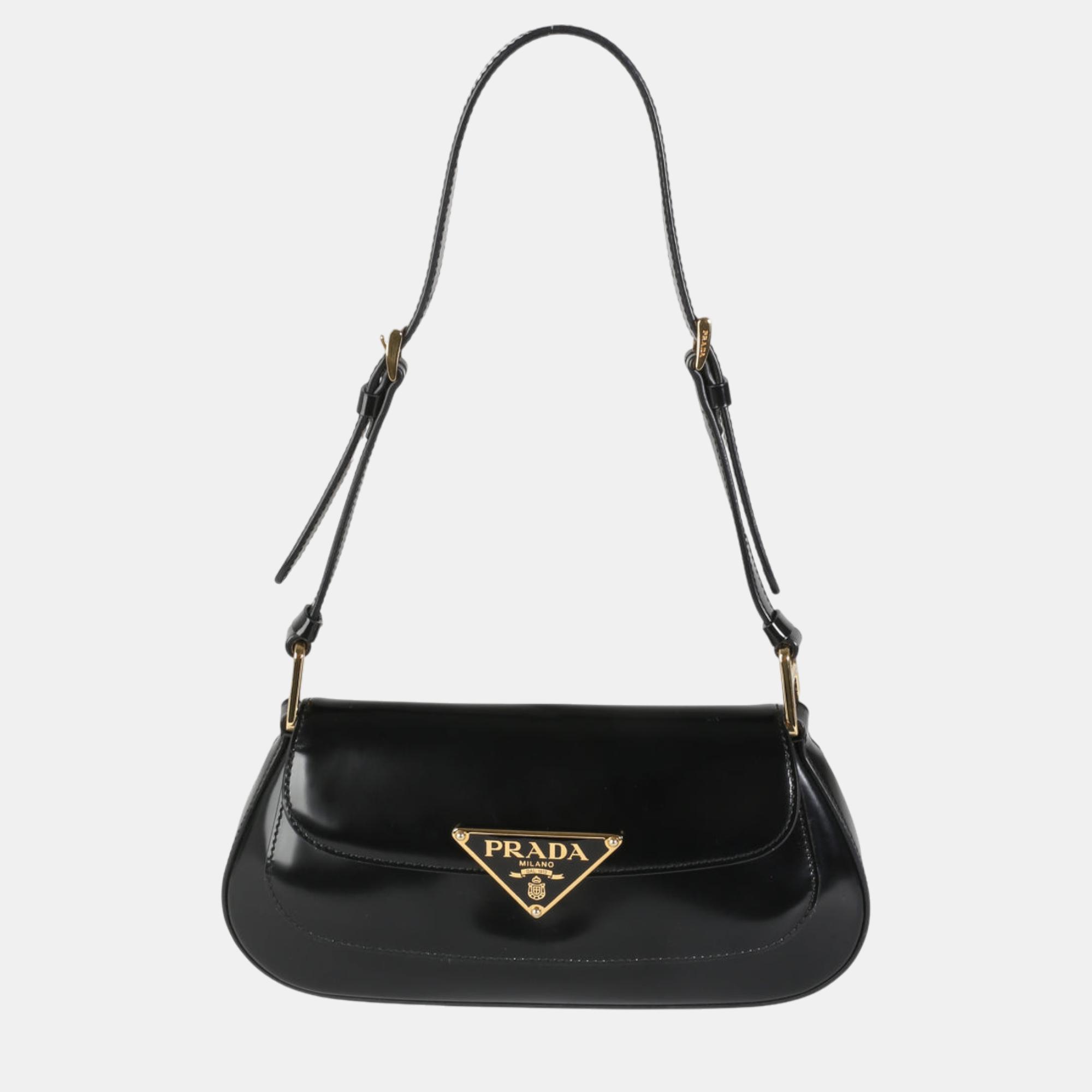 

Prada Black Brushed Leather Logo Plaque Shoulder Bag