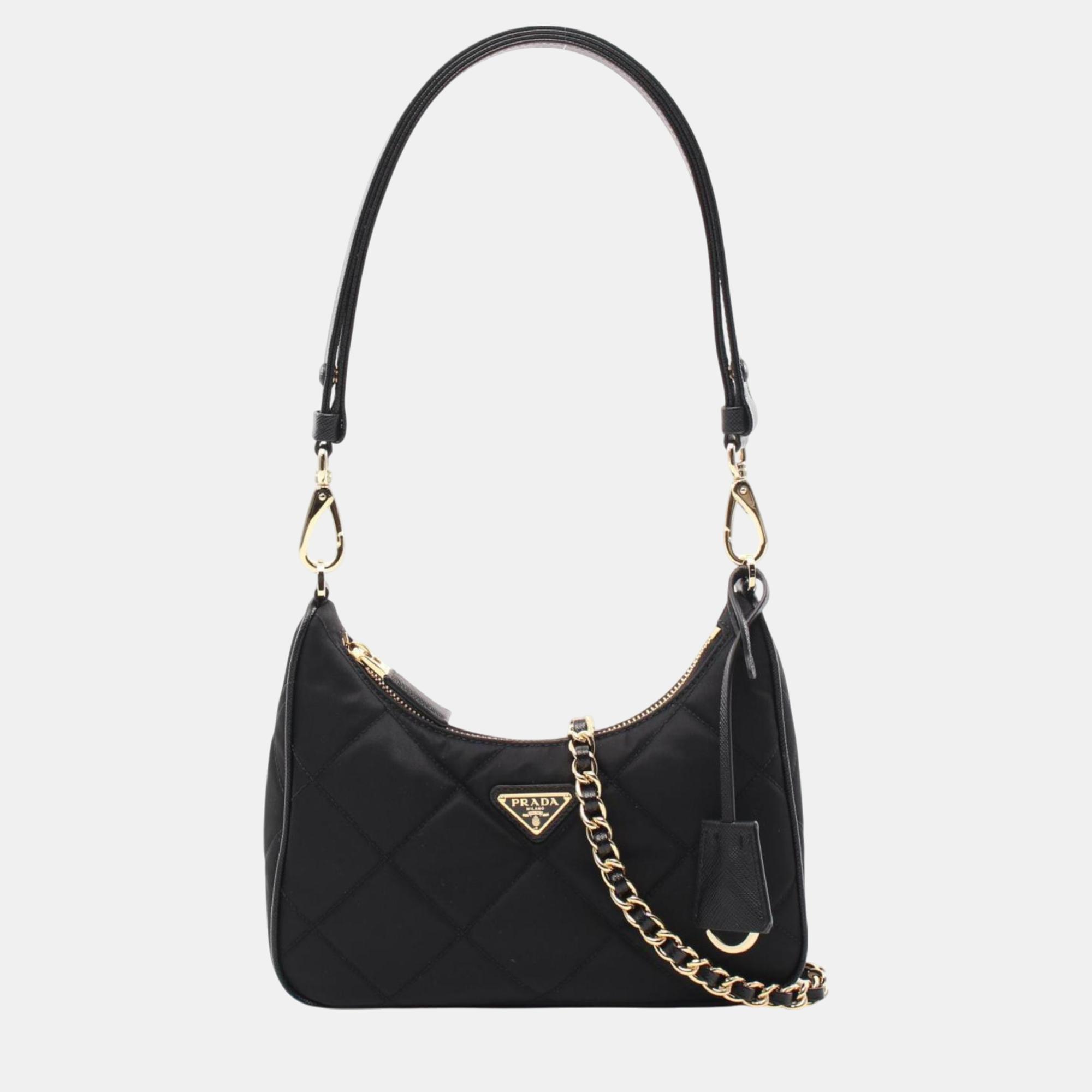 

Prada Saffiano Leather Black TESSUTO IMPUNTU Chain Re-Nylon Shoulder Bag