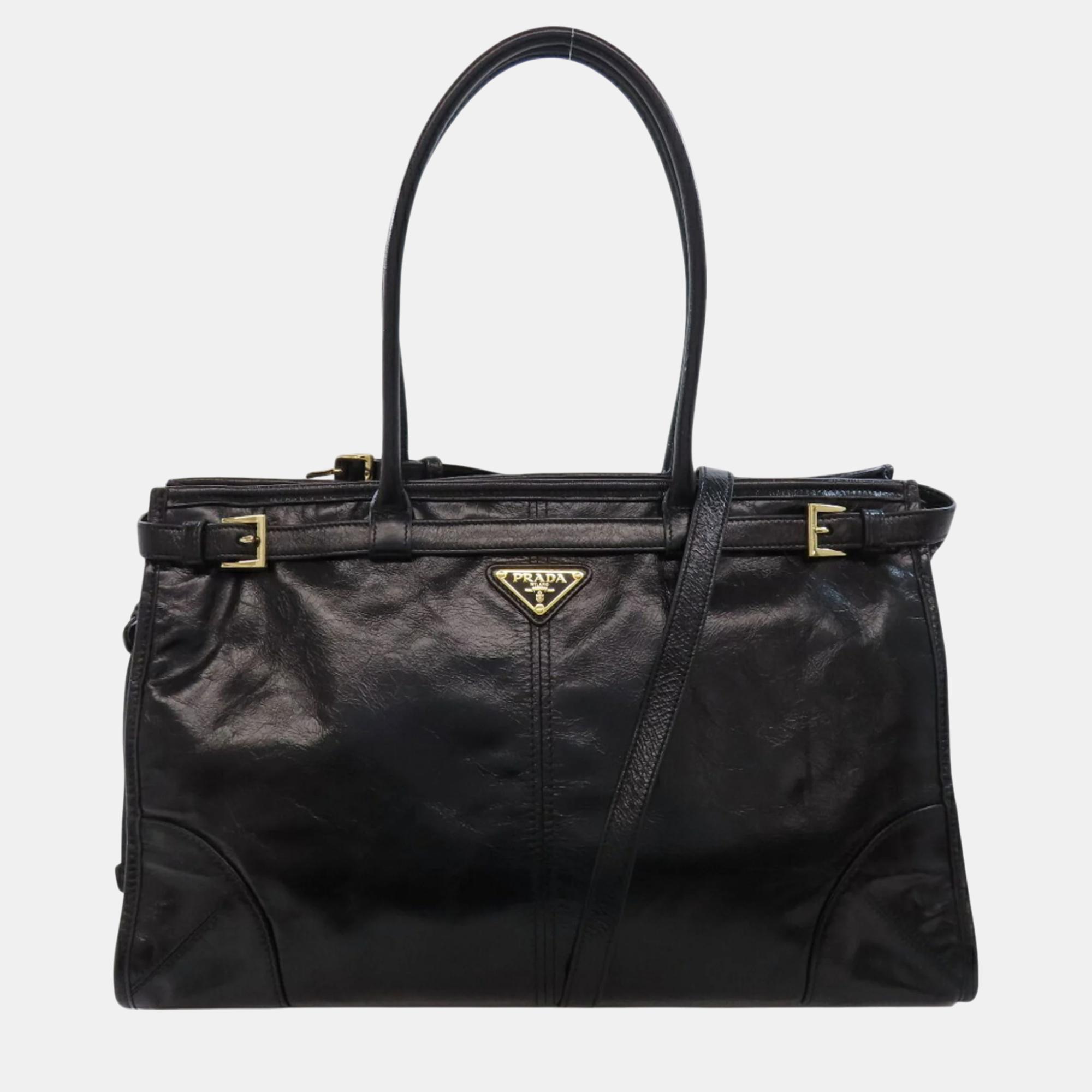 

Prada calfskin metal tote bag, Black