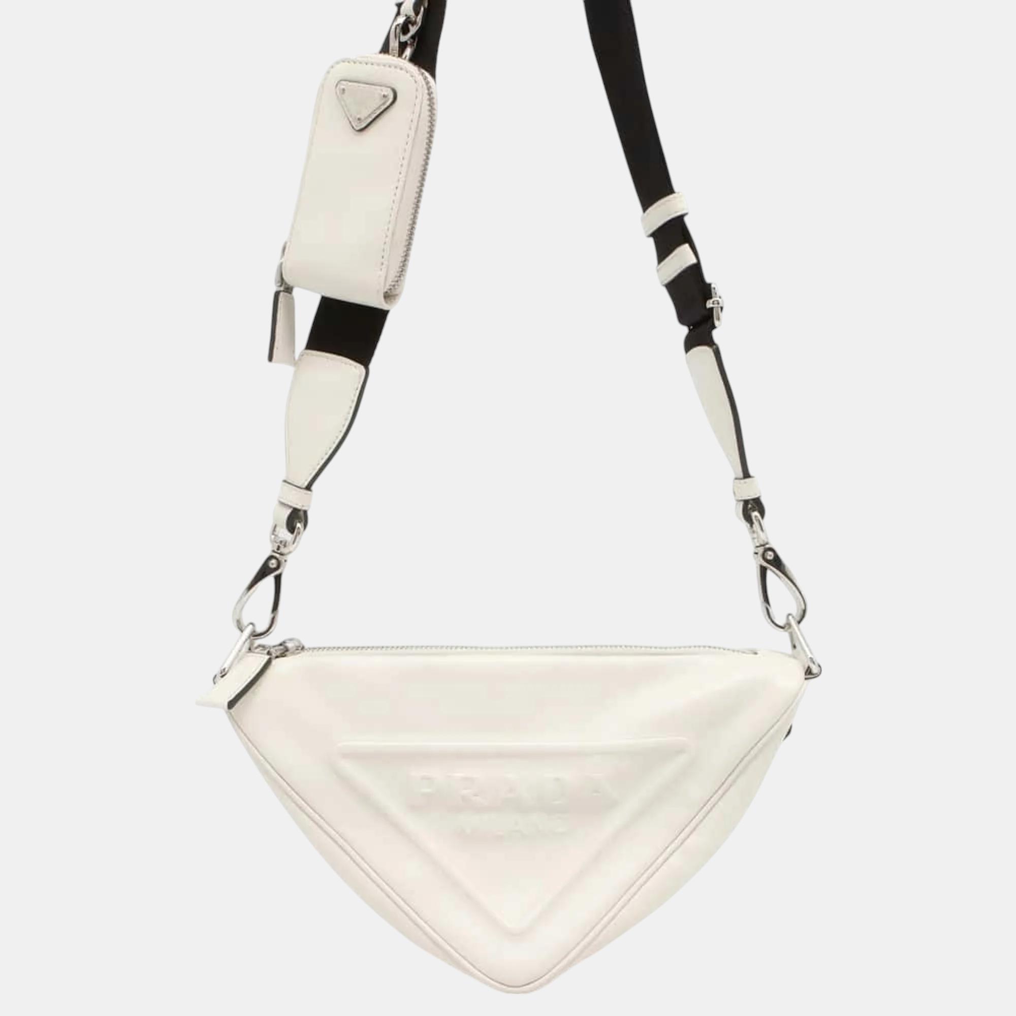 

Prada Triangle Embossed Leather White Shoulder Bag