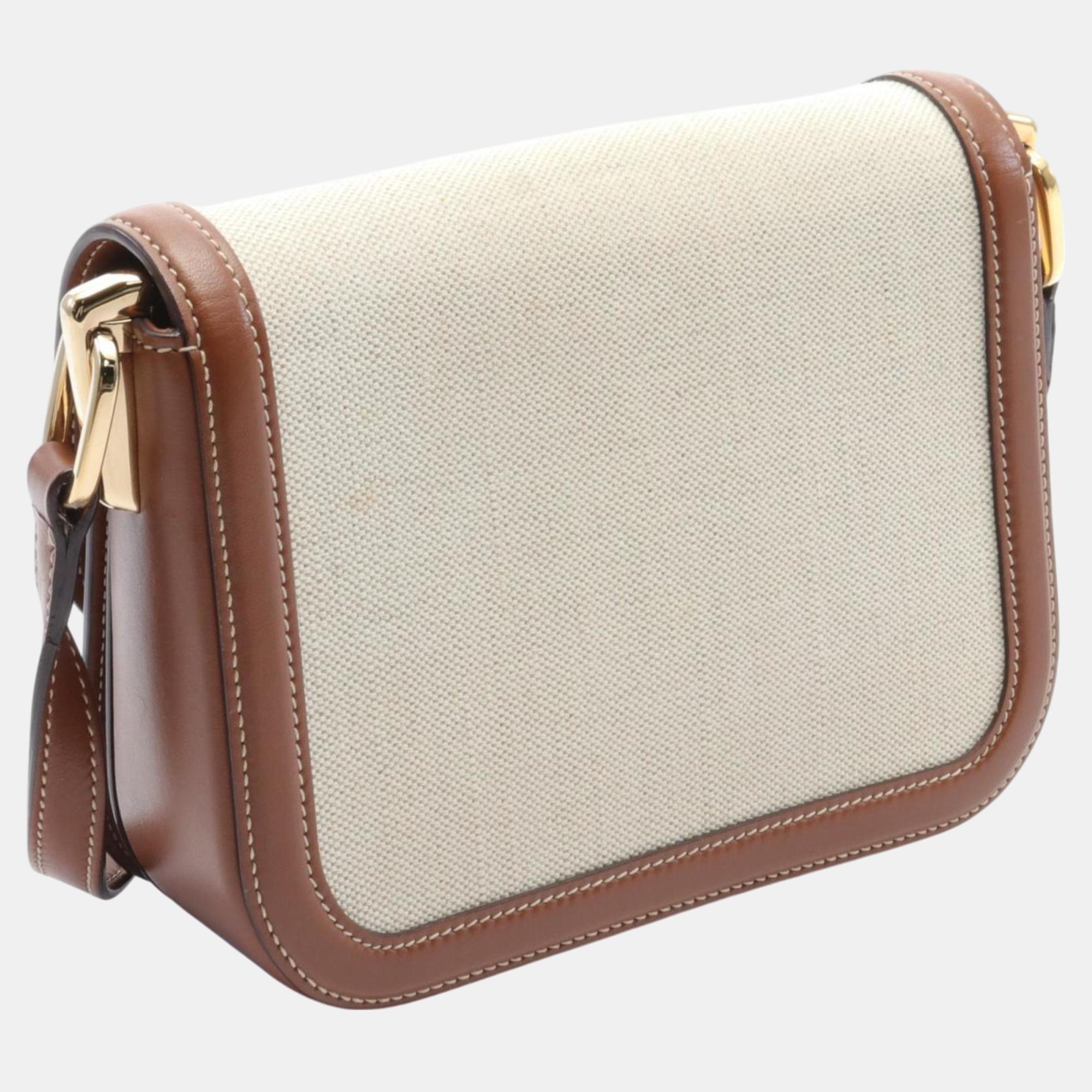 Prada Canvas Leather Beige Brown Shoulder Bag 