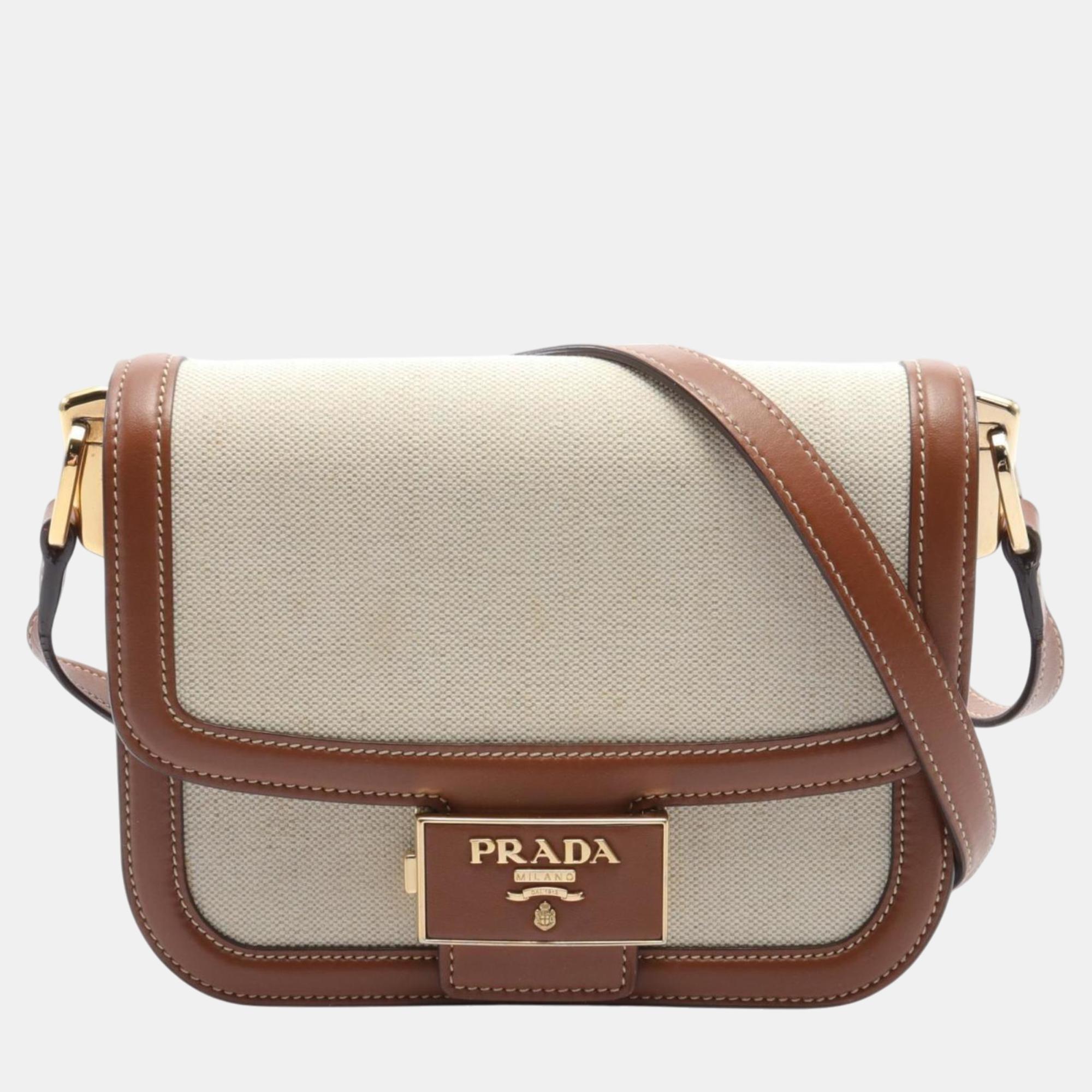 

Prada Canvas Leather Beige Brown Shoulder Bag