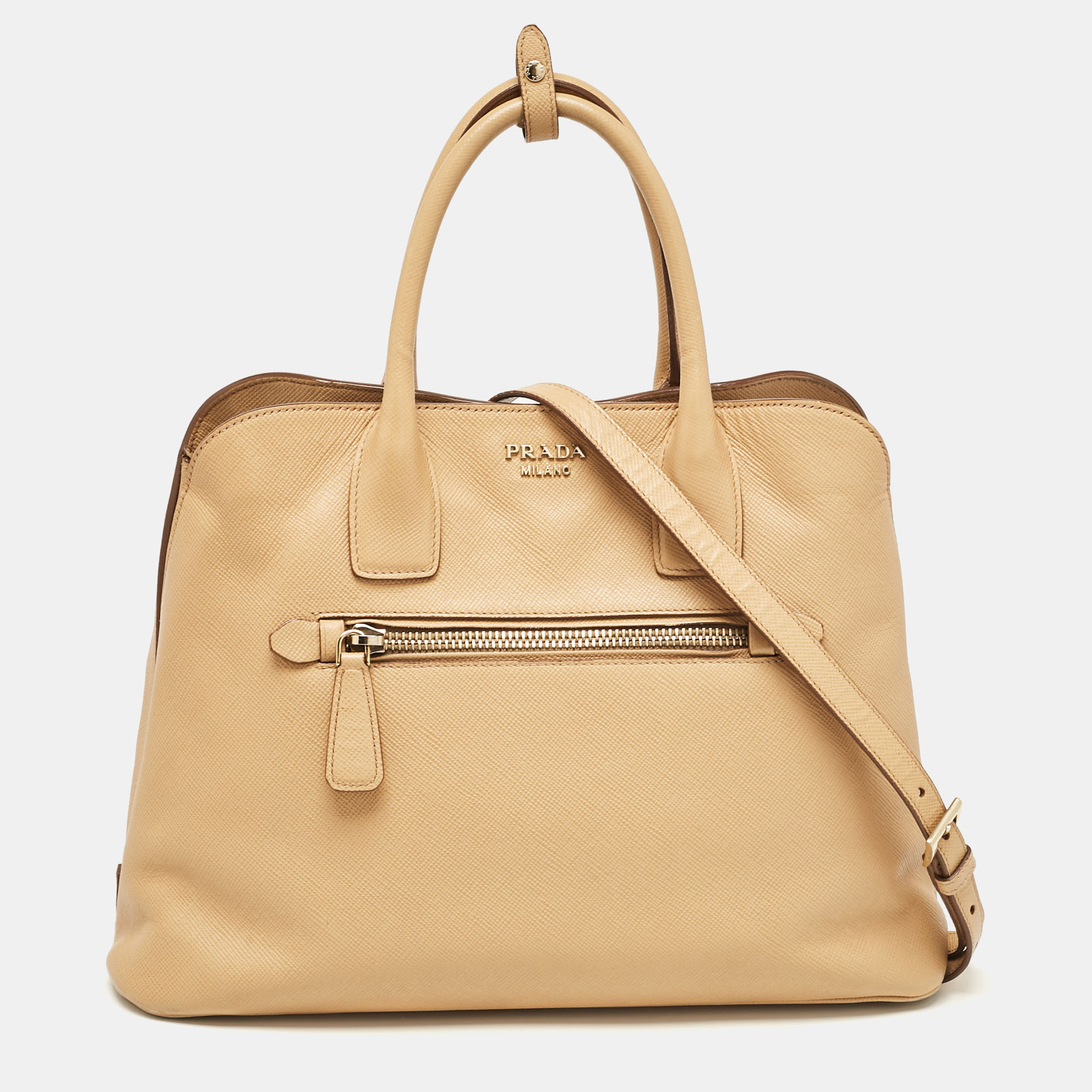 

Prada Tan Saffiano Cuir Leather Open Promenade Satchel